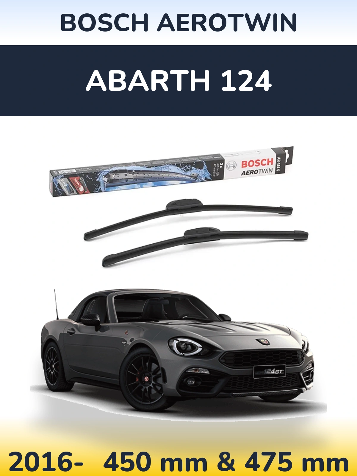 Front wiper blade set BOSCH AeroTwin 450 & 475 mm for Abarth 124 2016-2026