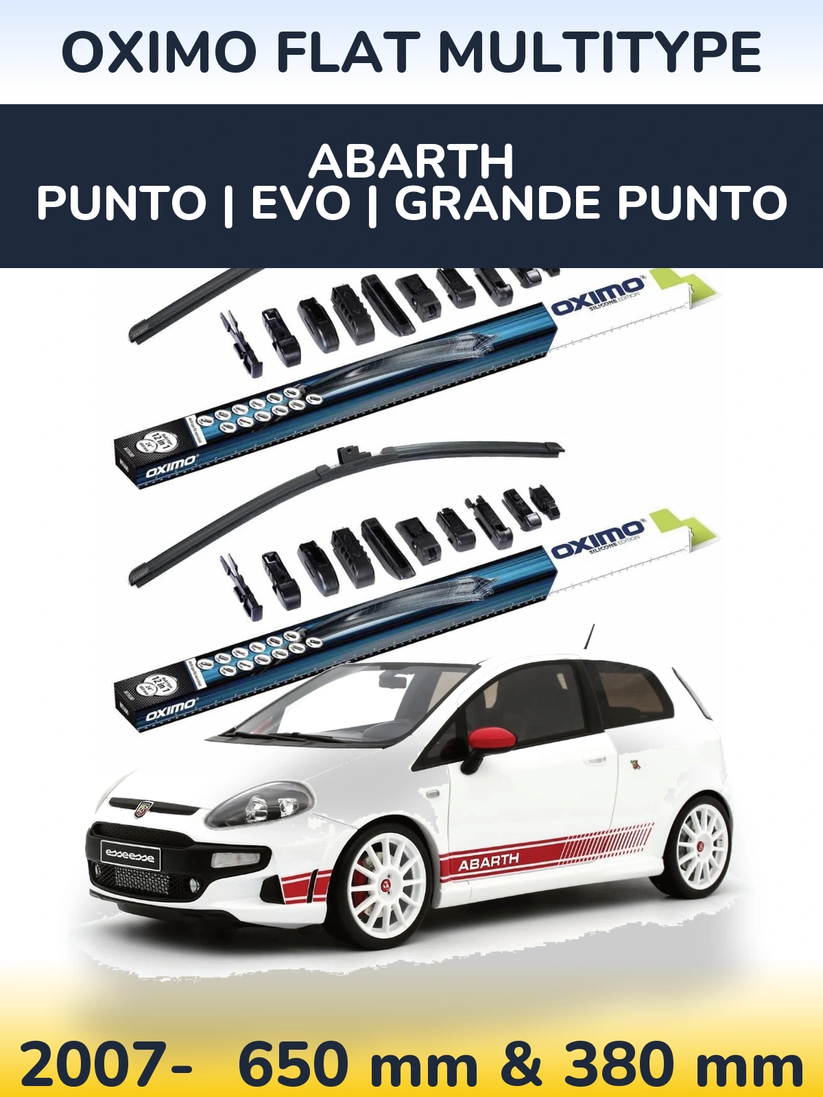Front wiper blade set Oximo Flat MultiTypee 650 & 380 mm for Abarth Punto | Evo | Grande Punto 2007-2026