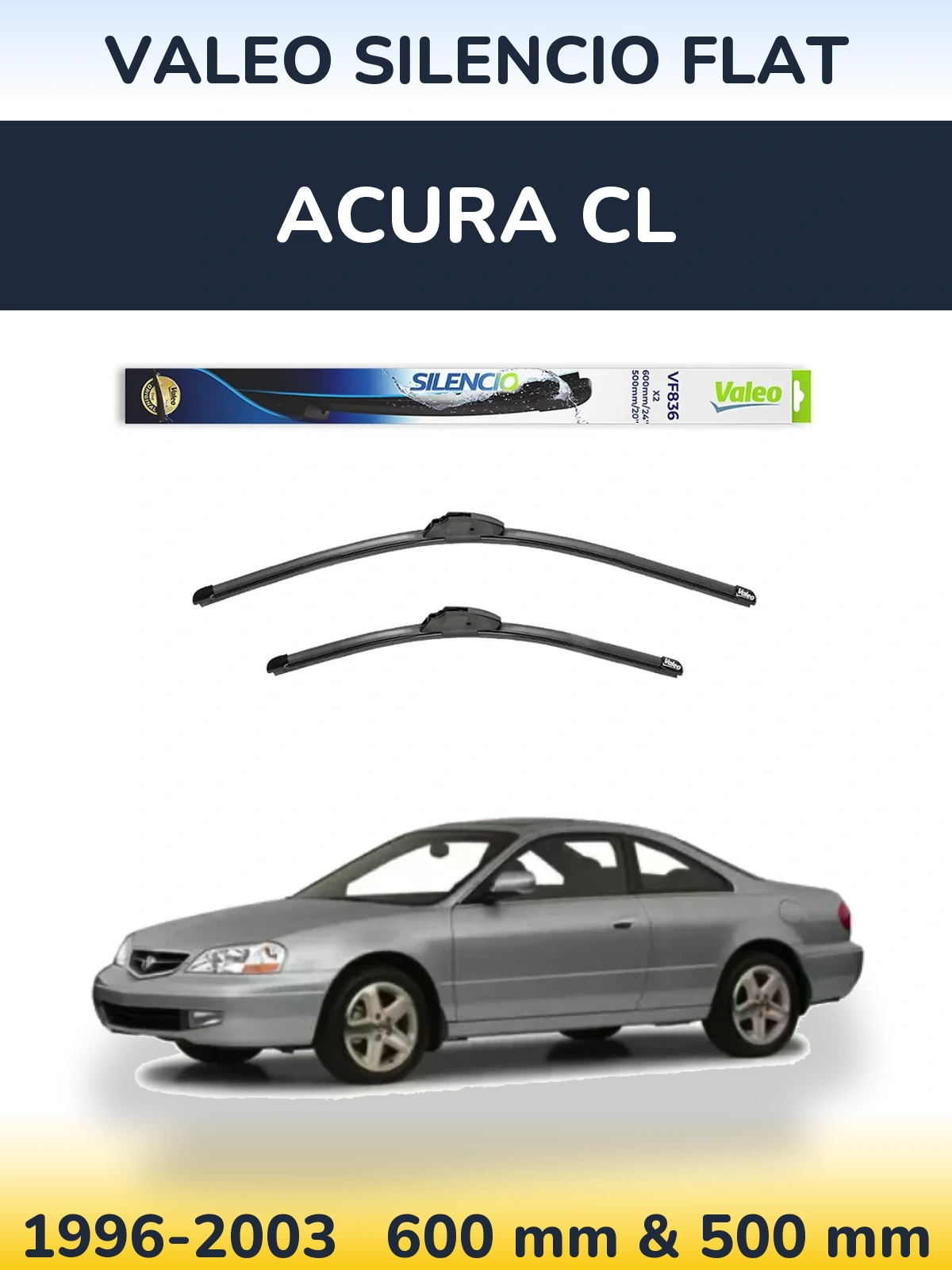Front wiper blade set Valeo Silencio Flat 600 & 500 mm for Acura CL 1996-2003