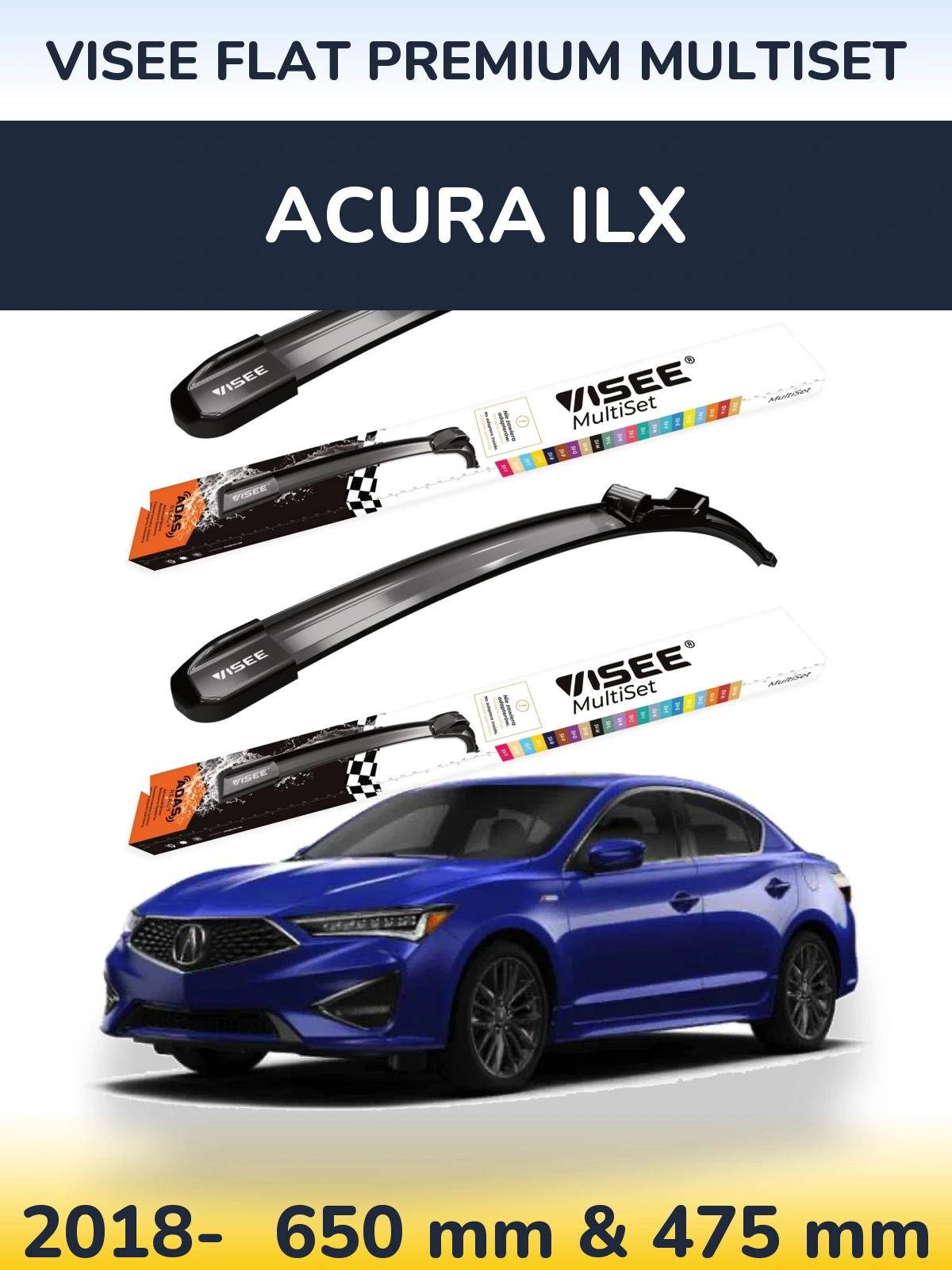 Комплект передних дворников VISEE FLAT PREMIUM MultiSet 650 & 475 мм для Acura ILX 2018-2026
