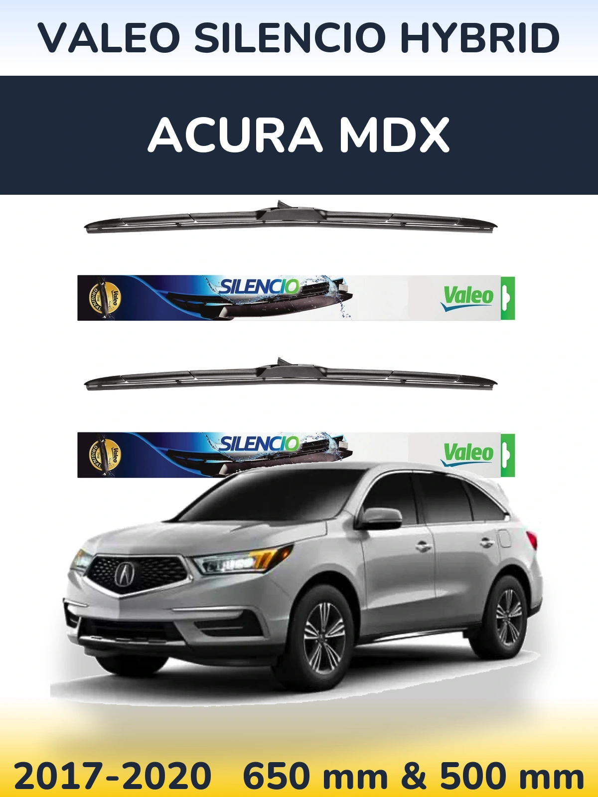 Front wiper blade set Valeo Silencio Hybrid 650 & 500 mm for Acura MDX 2017-2020