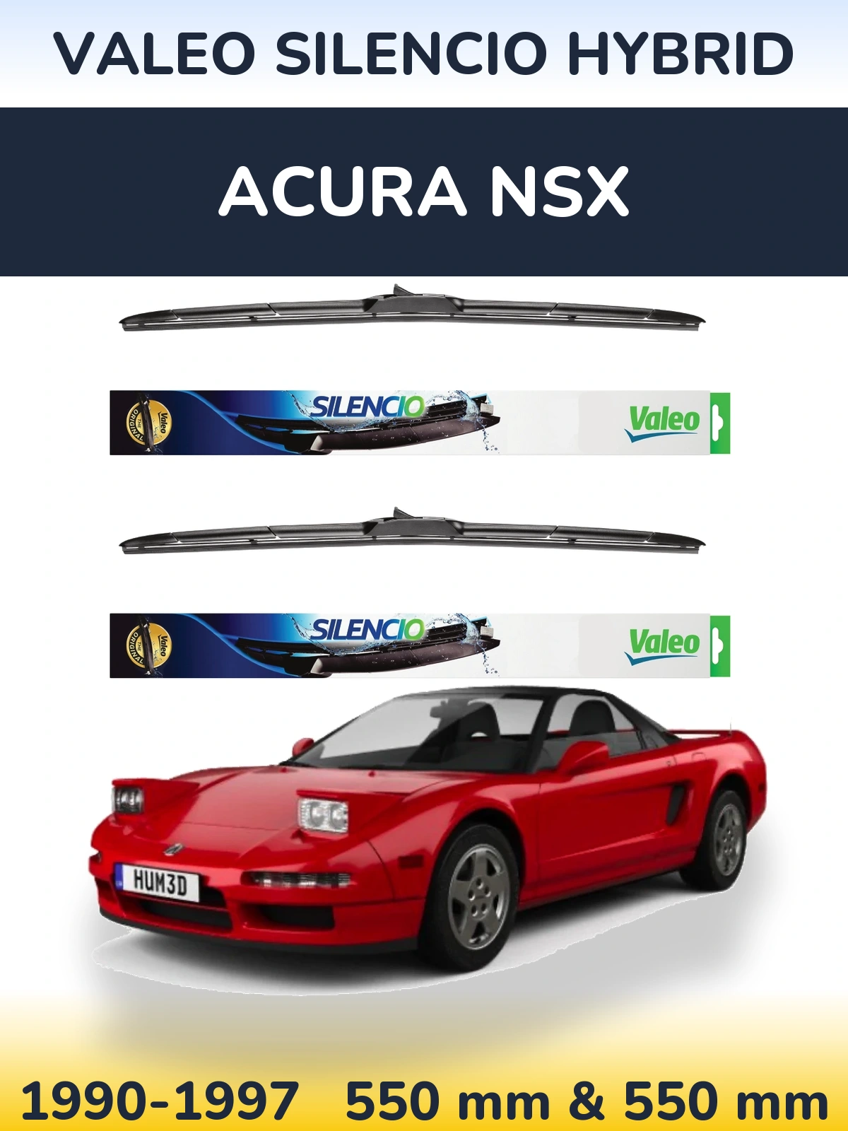 Front wiper blade set Valeo Silencio Hybrid 550 & 550 mm for Acura NSX 1990-1997
