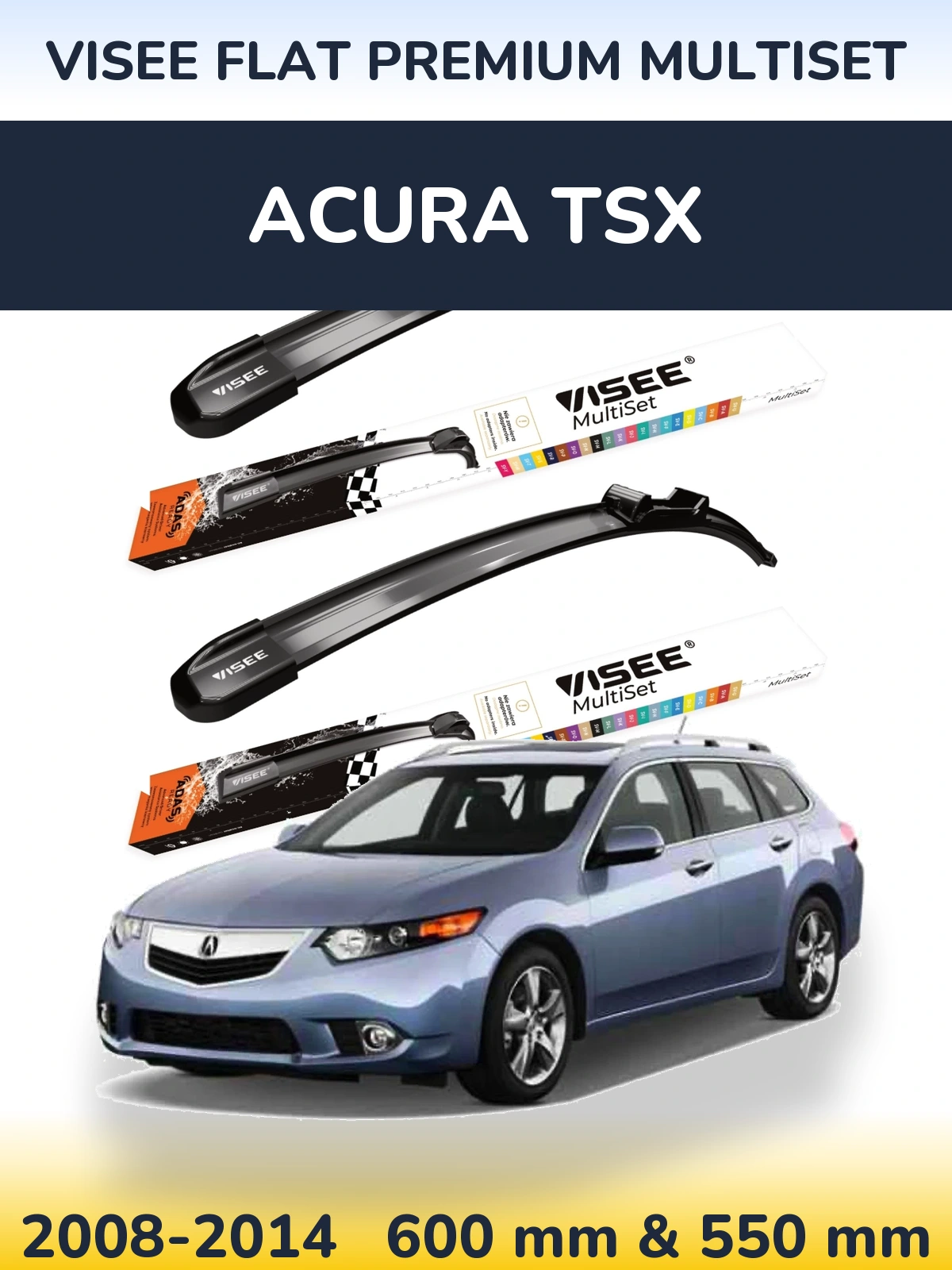 Комплект передних дворников VISEE FLAT PREMIUM MultiSet 600 & 550 мм для Acura TSX 2008-2014