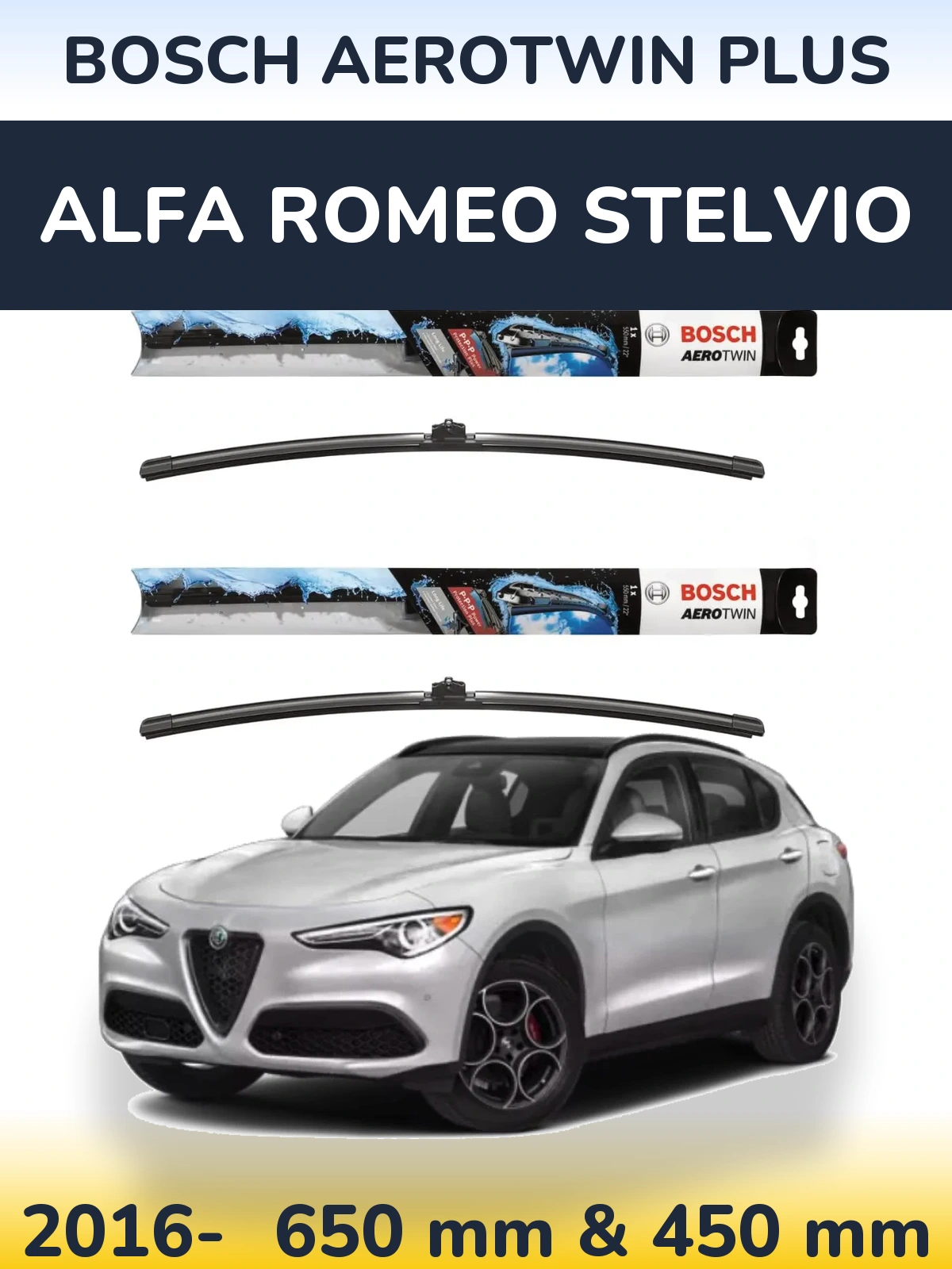 Front wiper blade set BOSCH AeroTwin Plus 650 & 450 mm for Alfa Romeo Stelvio 2016-2026