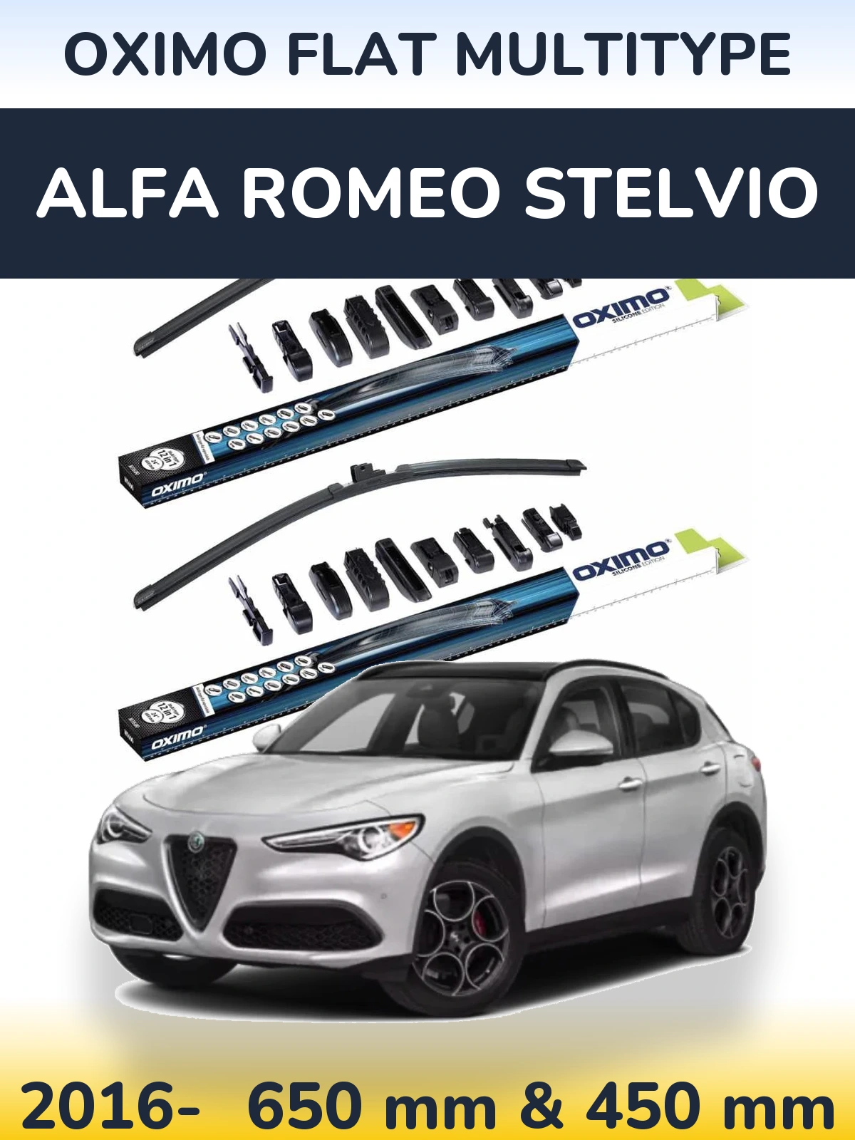 Front wiper blade set Oximo Flat MultiTypee 650 & 450 mm for Alfa Romeo Stelvio 2016-2026
