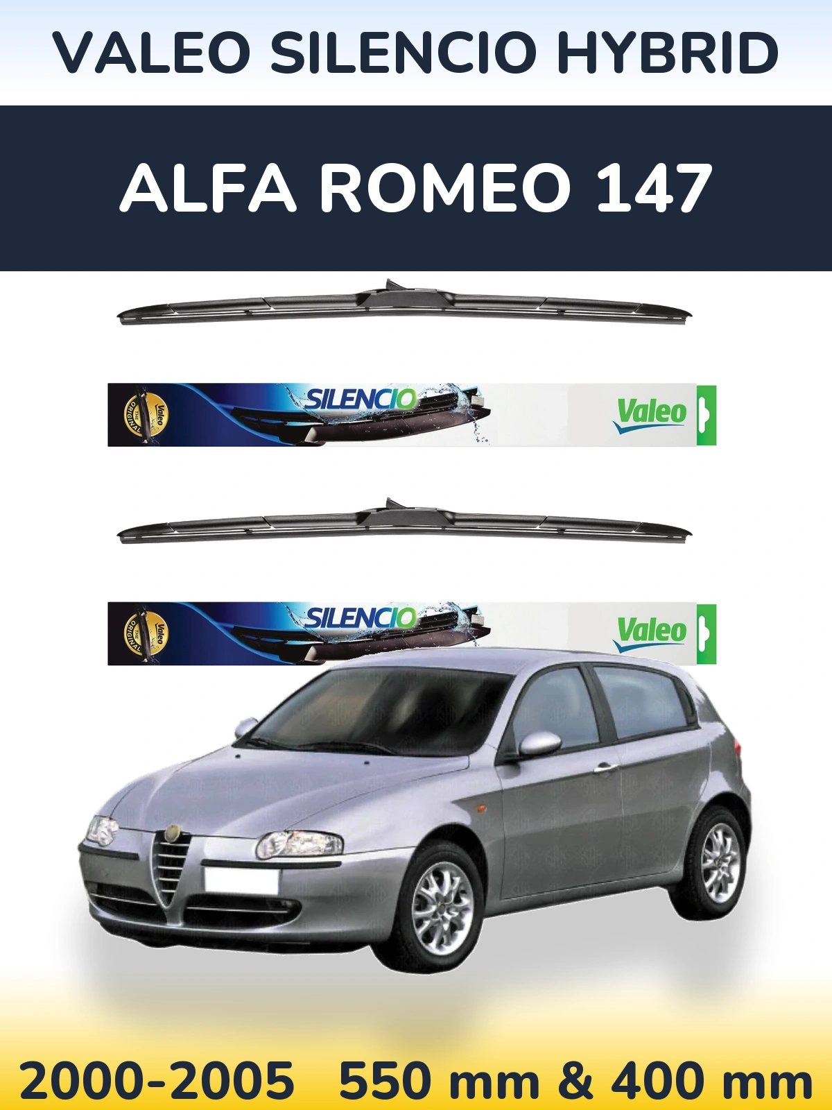 Front wiper blade set Valeo Silencio Hybrid 550 & 400 mm for Alfa Romeo 147 2000-2005
