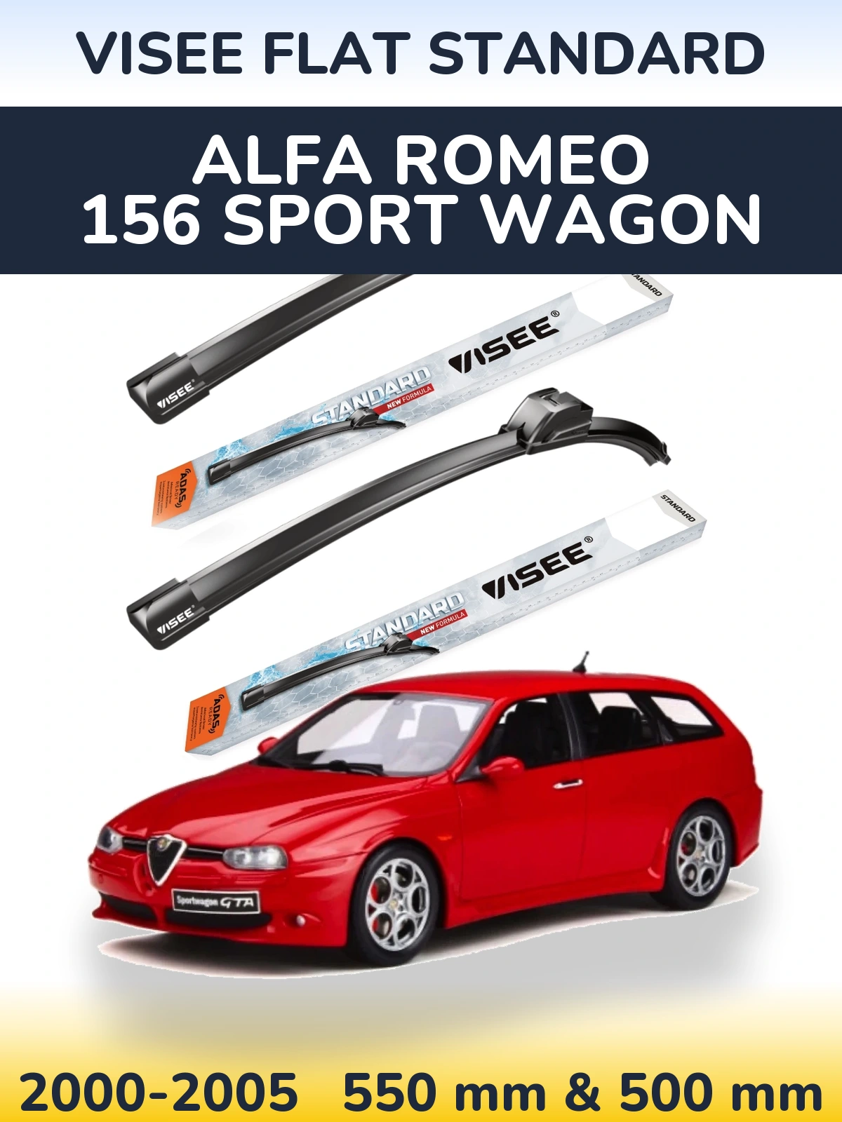 Front wiper blade set VISEE FLAT STANDARD 550 & 500 mm for Alfa Romeo 156 Sport Wagon 2000-2005