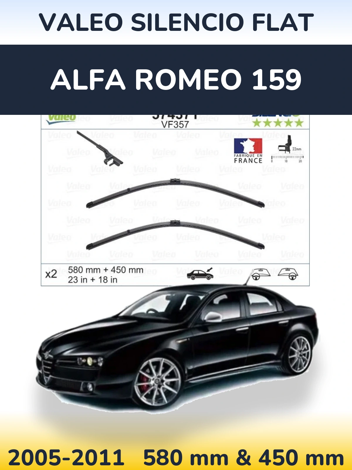 Front wiper blade set Valeo Silencio Flat 580 & 450 mm for Alfa Romeo 159 2005-2011