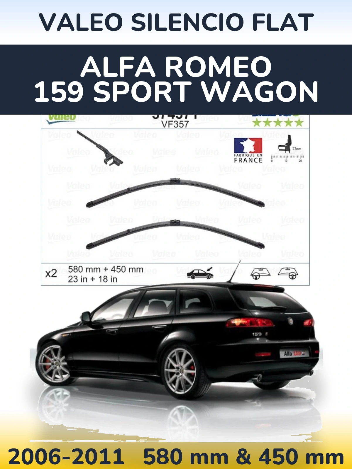 Комплект передних дворников Valeo Silencio Flat 580 & 450 мм для Alfa Romeo 159 Sport Wagon 2006-2011