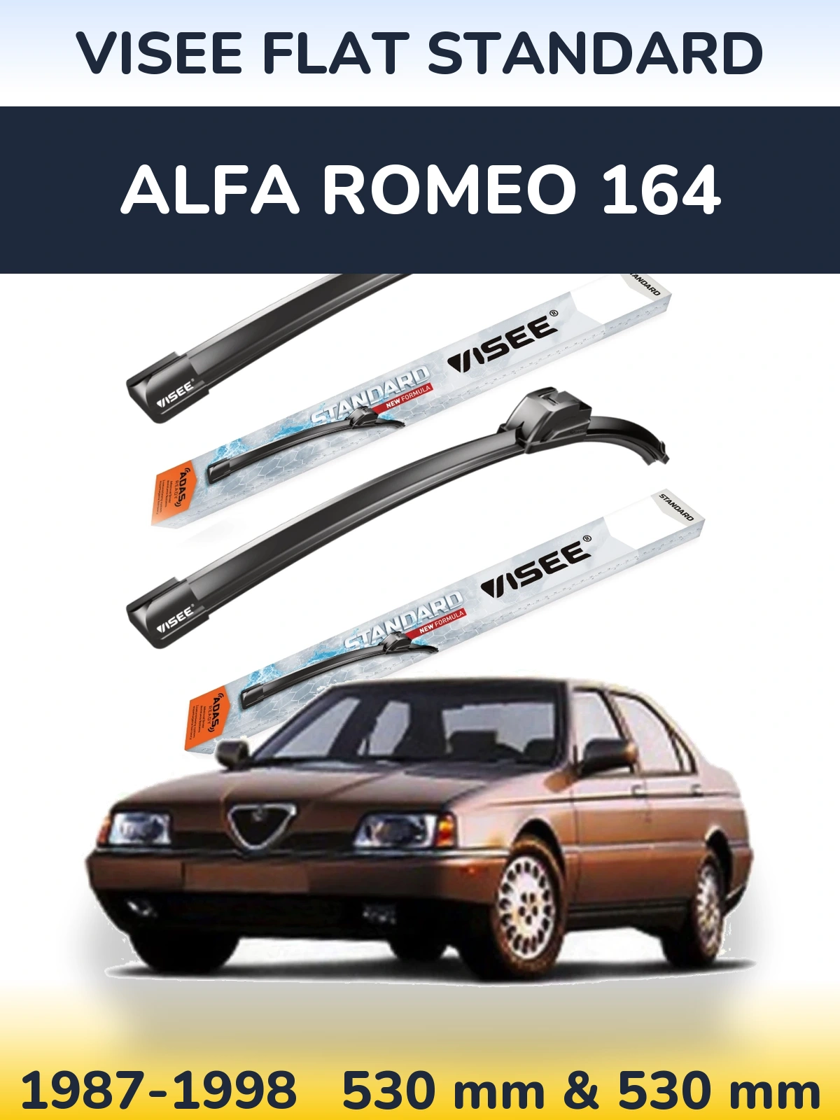 Front wiper blade set VISEE FLAT STANDARD 530 & 530 mm for Alfa Romeo 164 1987-1998