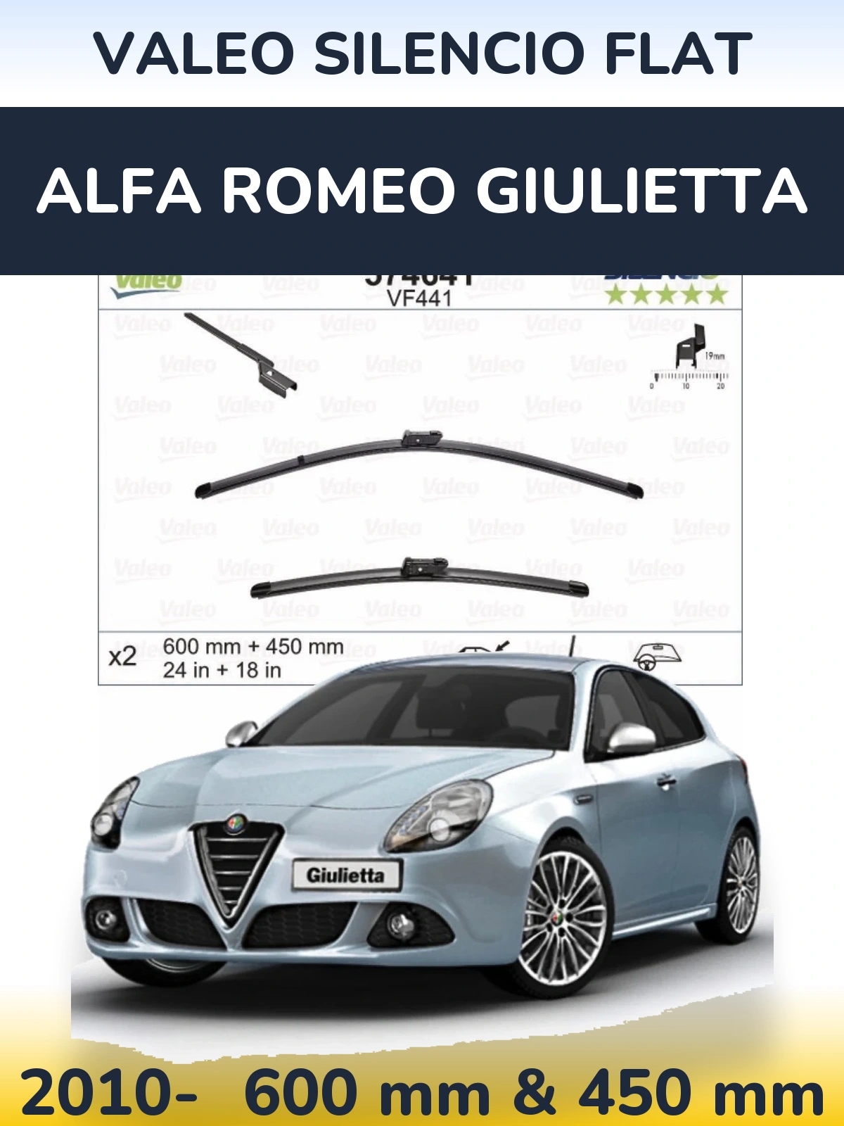 Комплект передніх щіток Valeo Silencio Flat 600 & 450 мм для Alfa Romeo Giulietta 2010-2026