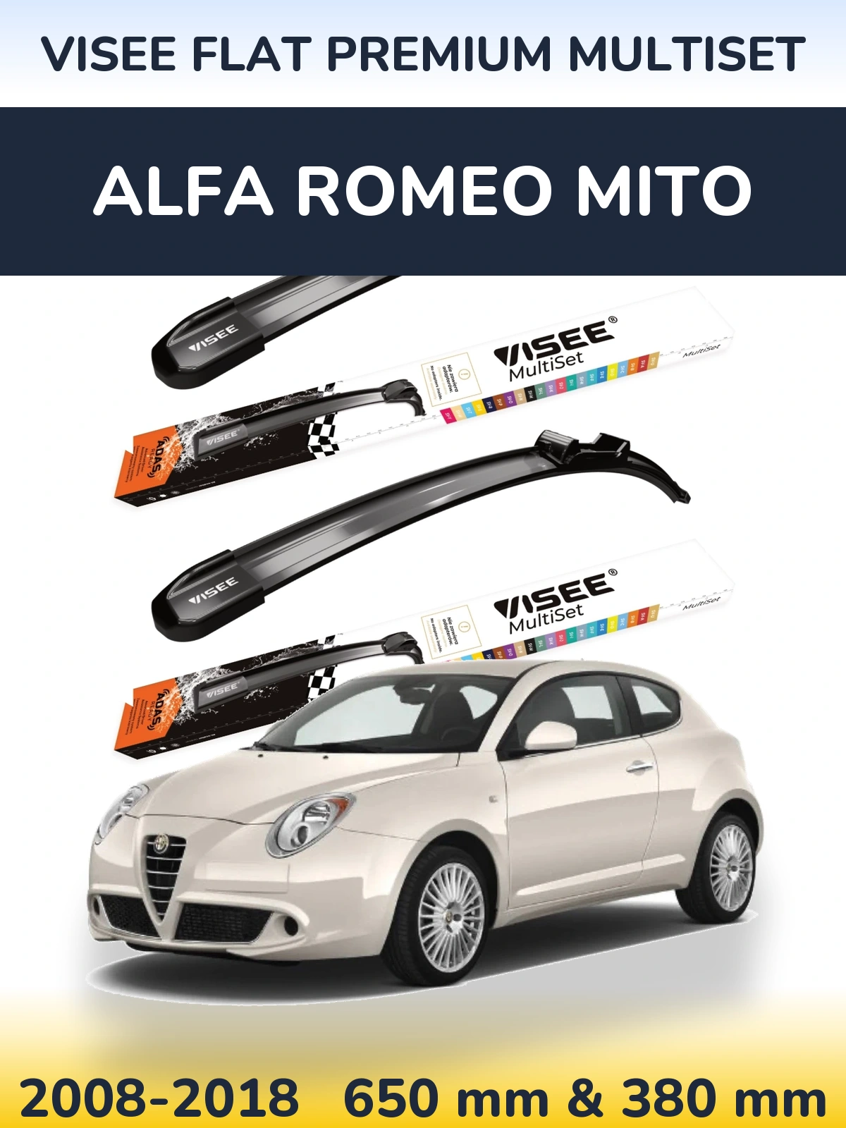 Front wiper blade set VISEE FLAT PREMIUM MultiSet 650 & 380 mm for Alfa Romeo MiTo 2008-2018
