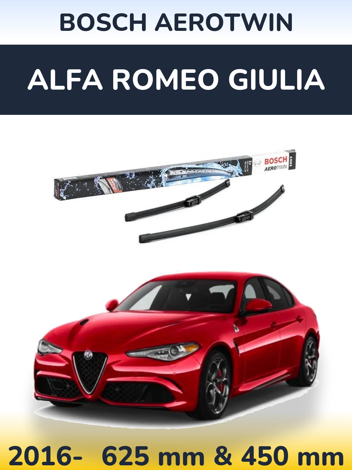 Front wiper blade set BOSCH AeroTwin 625 & 450 mm for Alfa Romeo Giulia 2016-2026