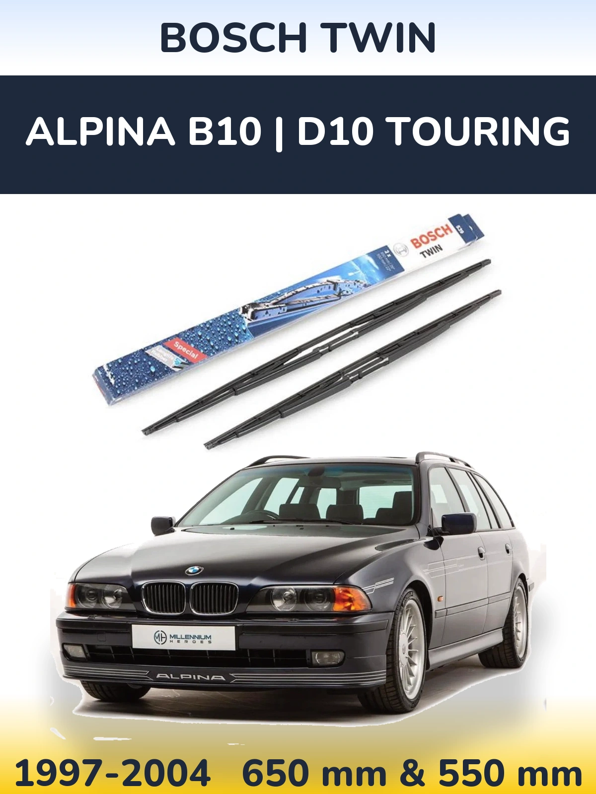 Front wiper blade set BOSCH Twin 650 & 550 mm for Alpina B10 | D10 Touring 1997-2004