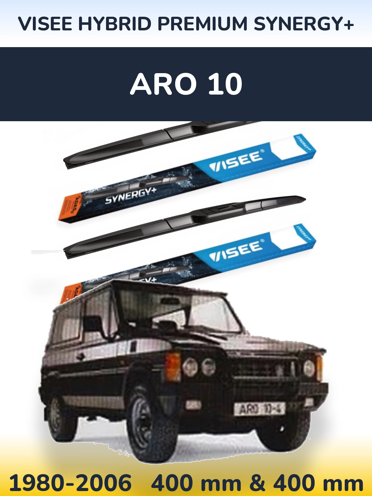 Front wiper blade set VISEE HYBRID PREMIUM SYNERGY+ 400 & 400 mm for ARO 10 1980-2006