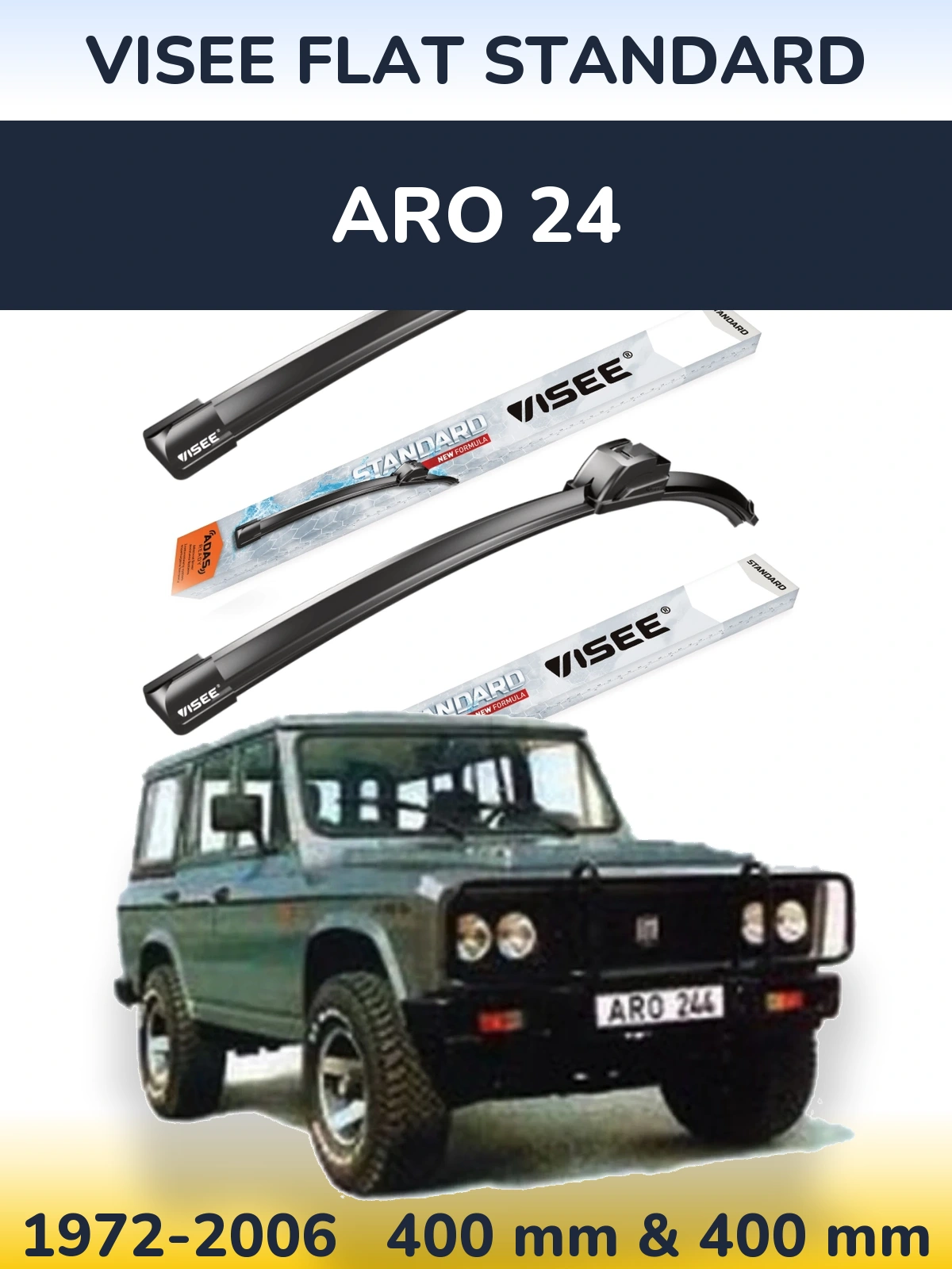 Front wiper blade set VISEE FLAT STANDARD 400 & 400 mm for ARO 24 1972-2006