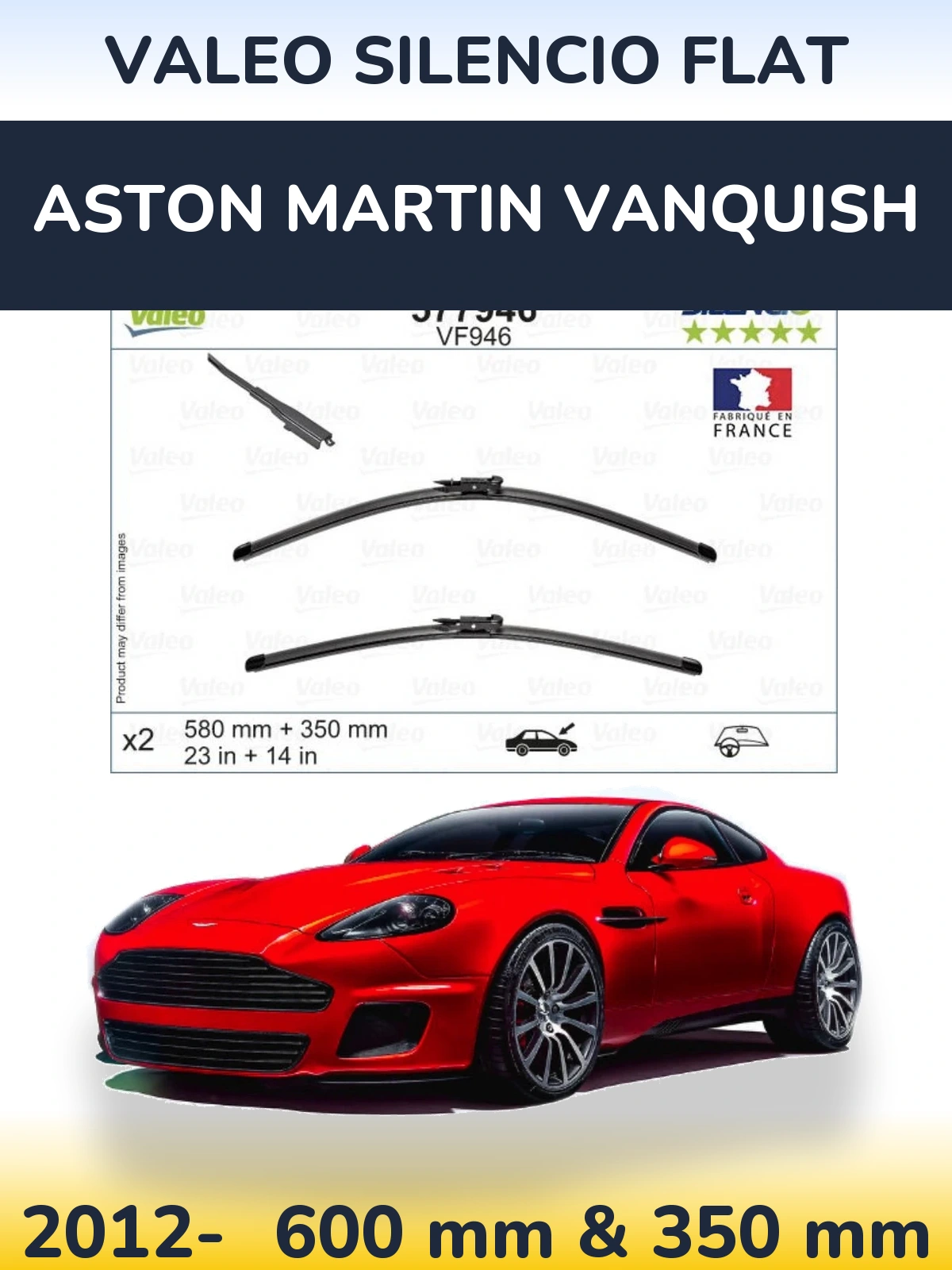 Front wiper blade set Valeo Silencio Flat 580 & 350 mm for Aston Martin Vanquish 2012-2026