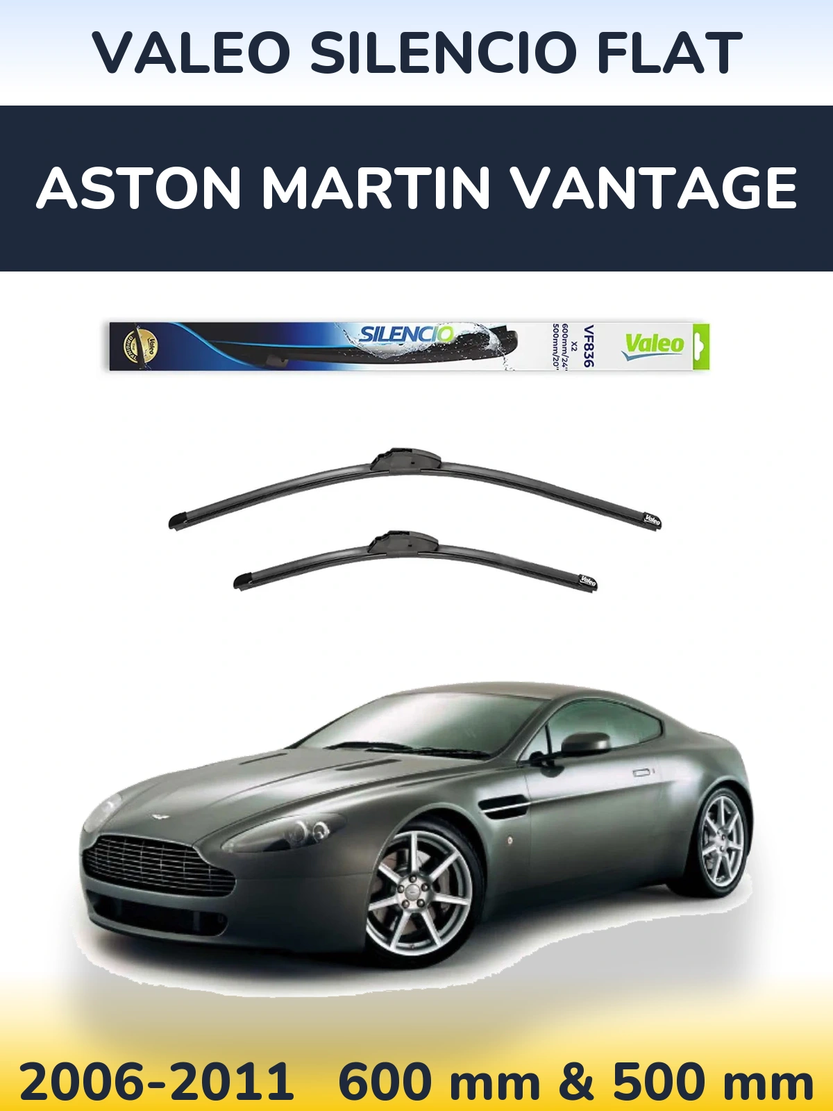 Front wiper blade set Valeo Silencio Flat 600 & 500 mm for Aston Martin Vantage 2006-2011
