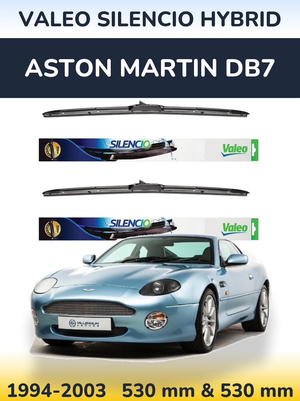 Front wiper blade set Valeo Silencio Hybrid 530 & 530 mm for Aston Martin DB7 1994-2003