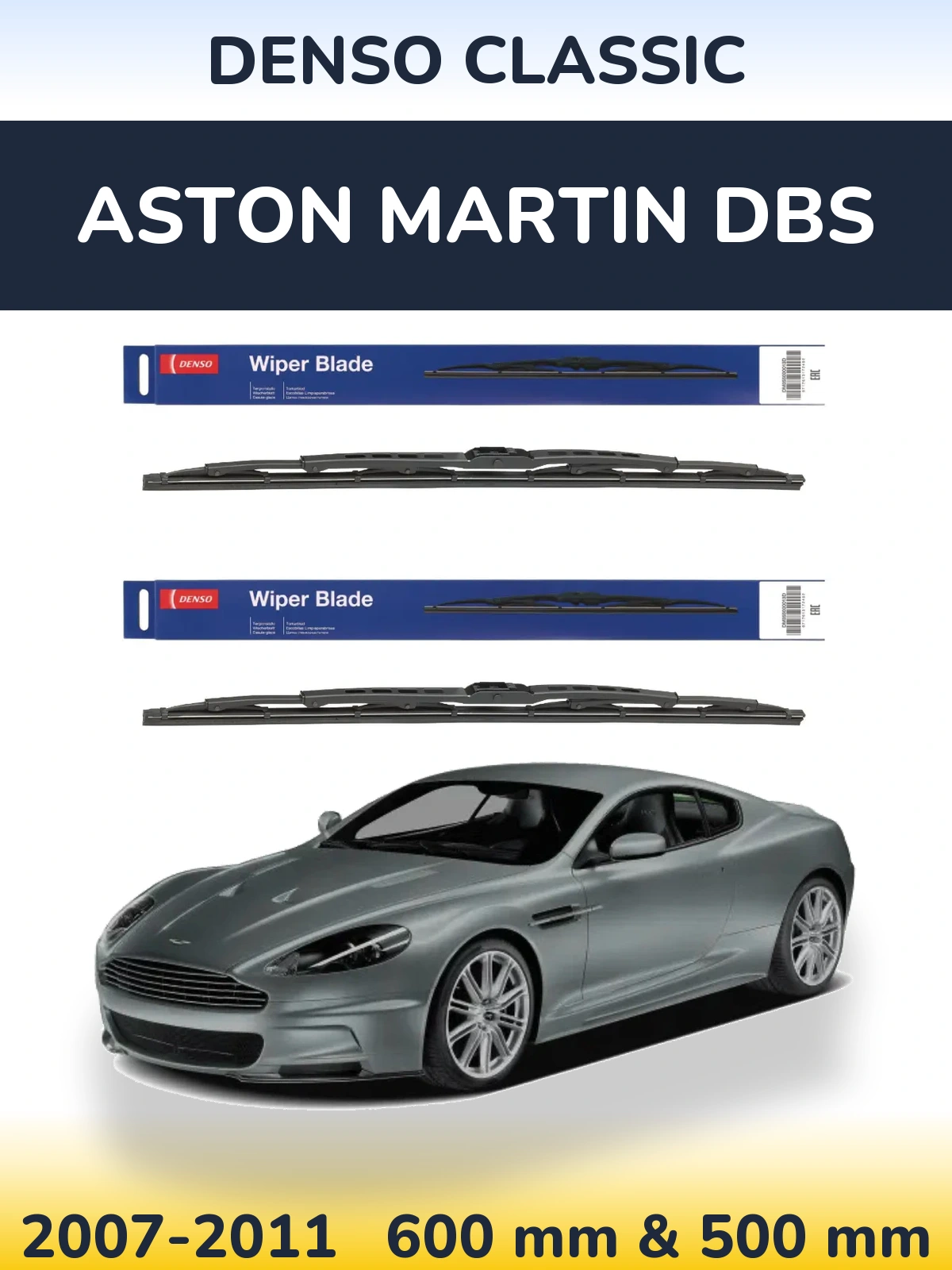 Front wiper blade set Denso Classic 600 & 500 mm for Aston Martin DBS 2007-2011