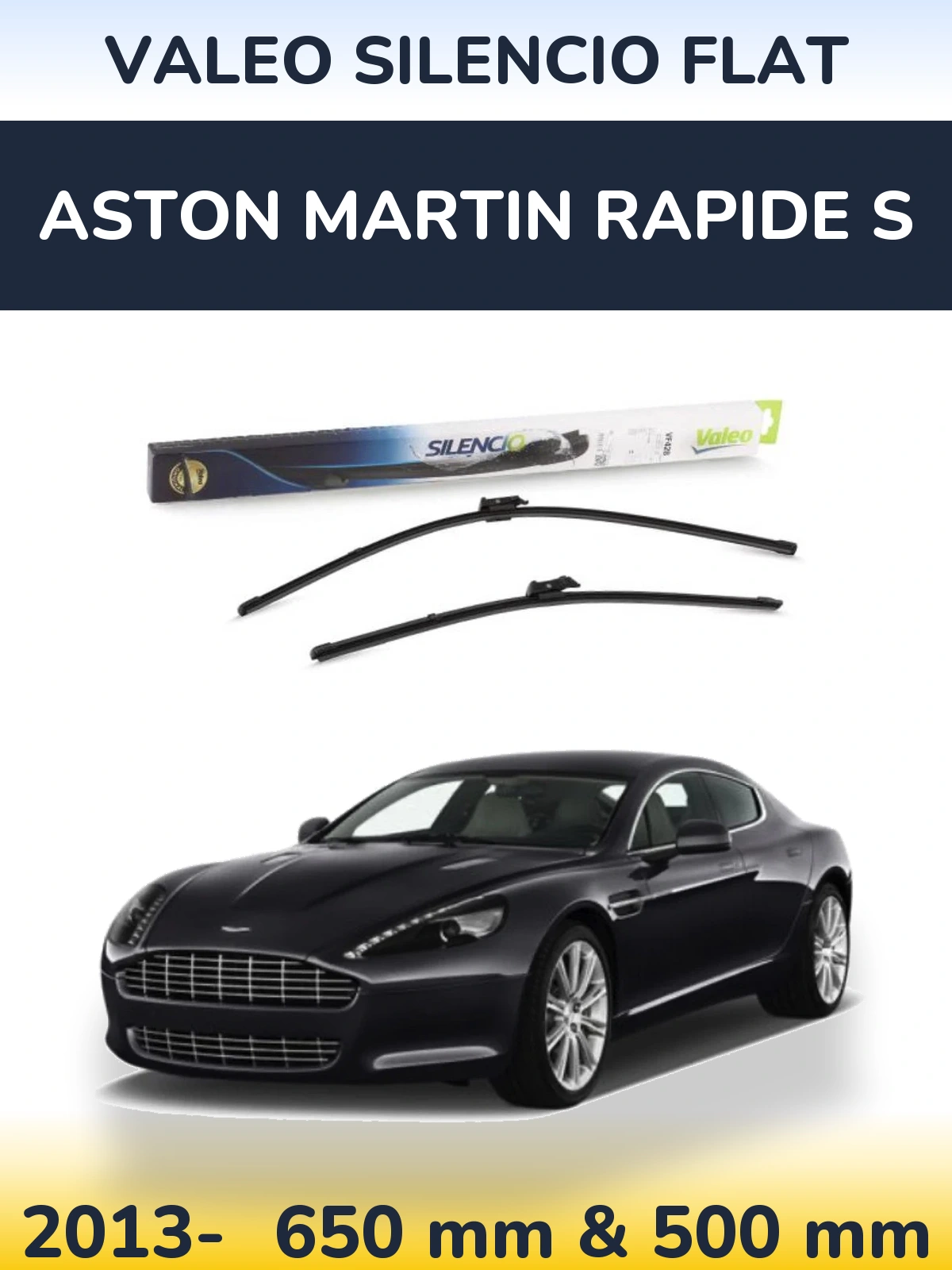 Front wiper blade set Valeo Silencio Flat 650 & 500 mm for Aston Martin Rapide S 2013-2026