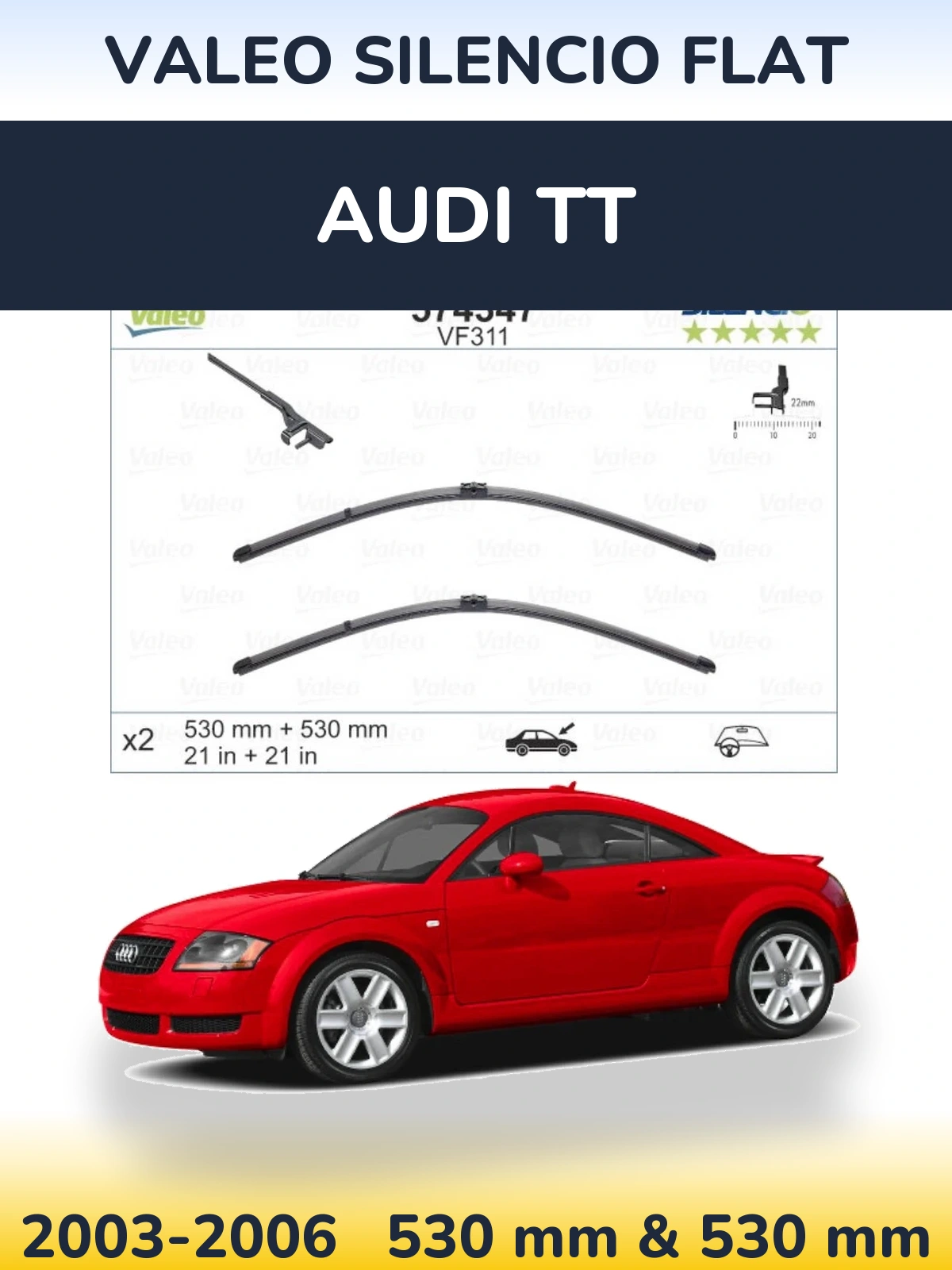 Front wiper blade set Valeo Silencio Flat 530 & 530 mm for Audi TT 2003-2006