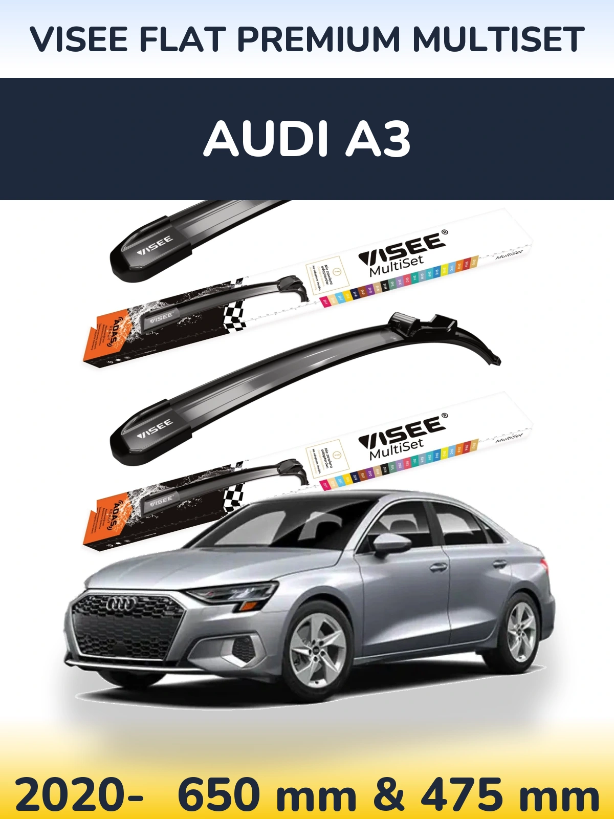 Комплект передних дворников VISEE FLAT PREMIUM MultiSet 650 & 475 мм для Audi A3 2020-2026