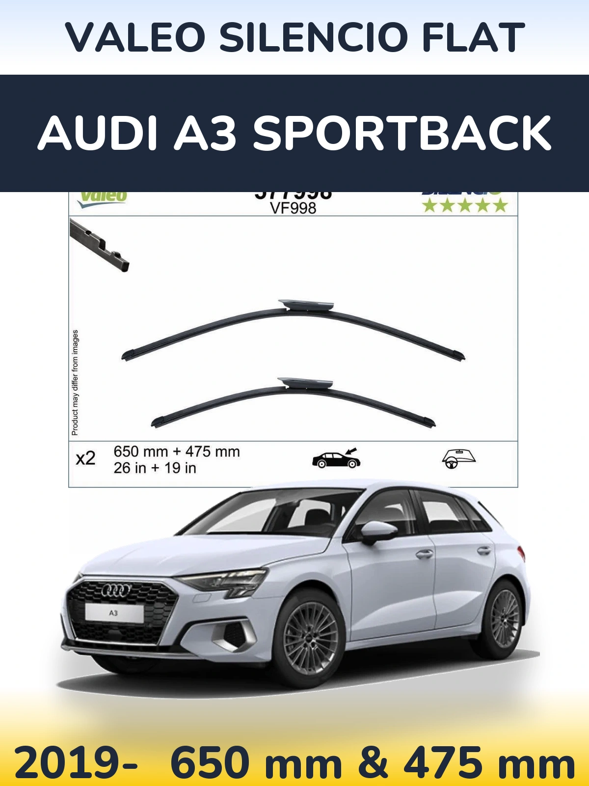 Front wiper blade set Valeo Silencio Flat 650 & 475 mm for Audi A3 Sportback 2019-2026