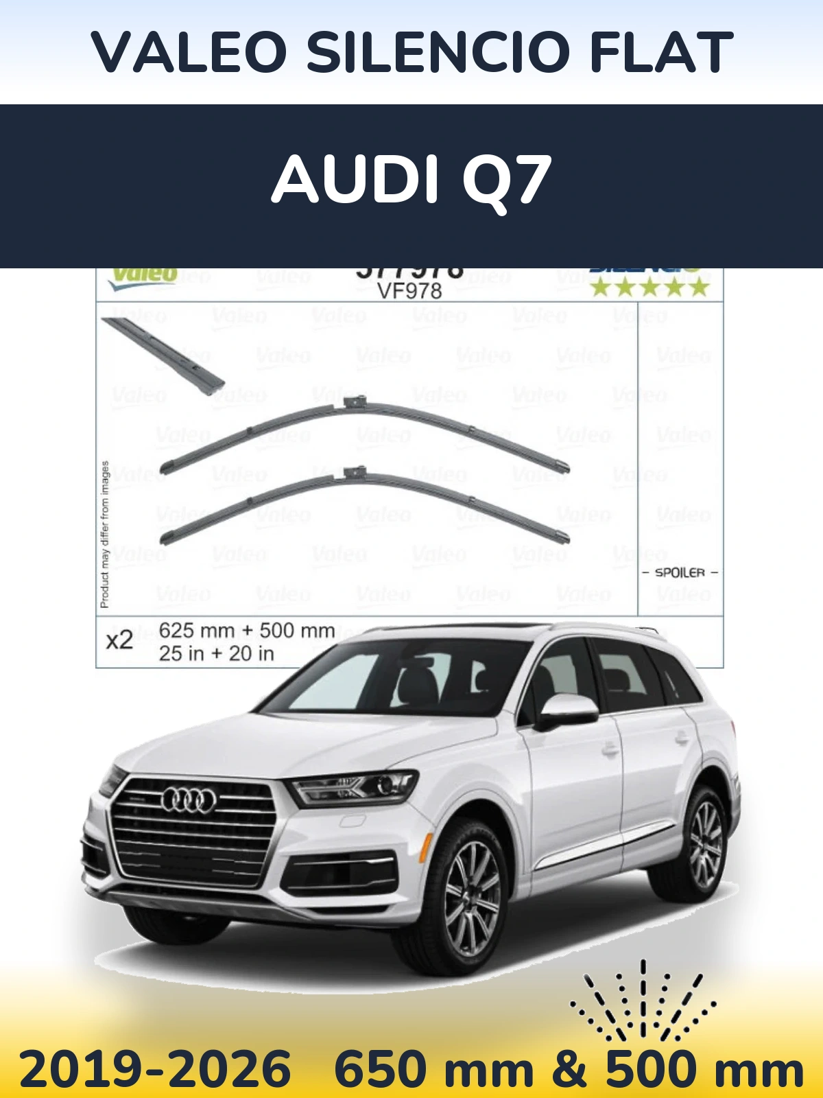 Front wiper blade set Valeo Silencio Flat 625 & 500 mm for Audi Q7 2019-2026