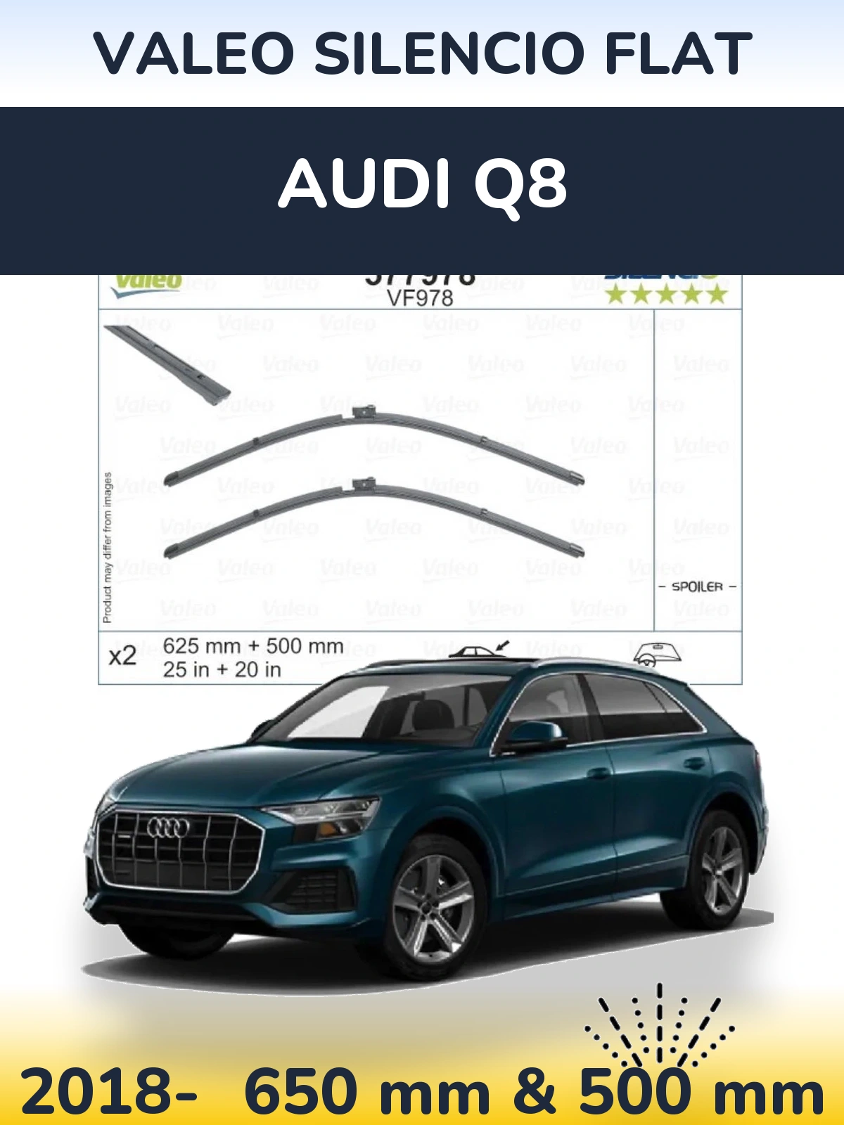 Комплект передних дворников Valeo Silencio Flat 625 & 500 мм для Audi Q8 2018-2026
