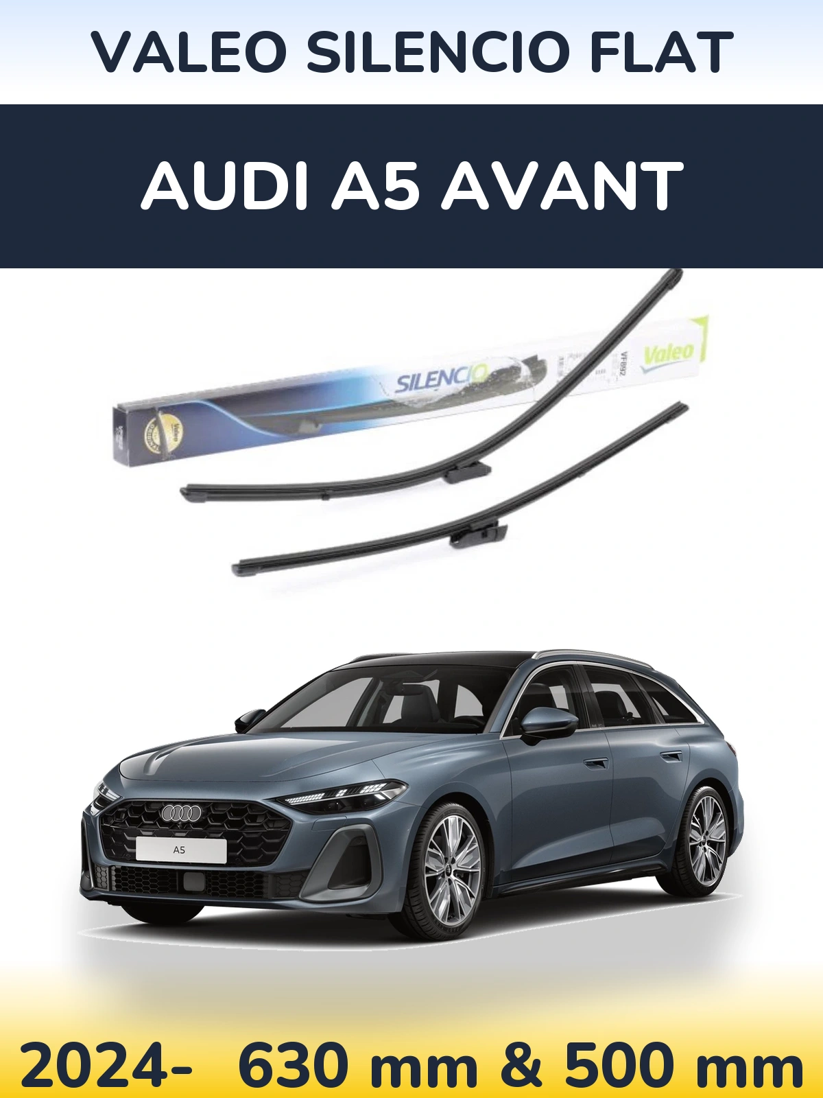 Front wiper blade set Valeo Silencio Flat 630 & 500 mm for Audi A5 Avant 2024-2026