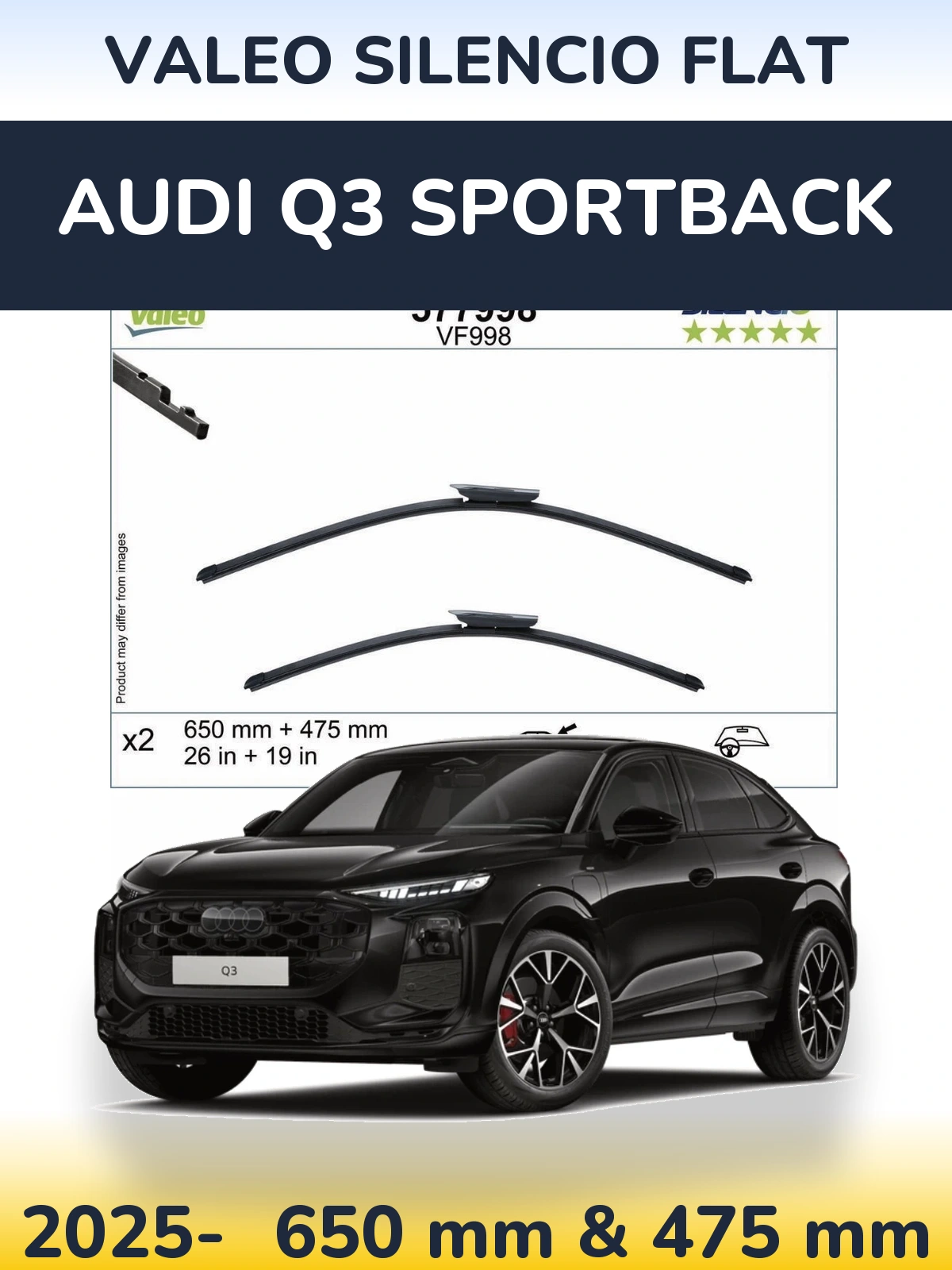 Front wiper blade set Valeo Silencio Flat 650 & 475 mm for Audi Q3 Sportback 2025-2026