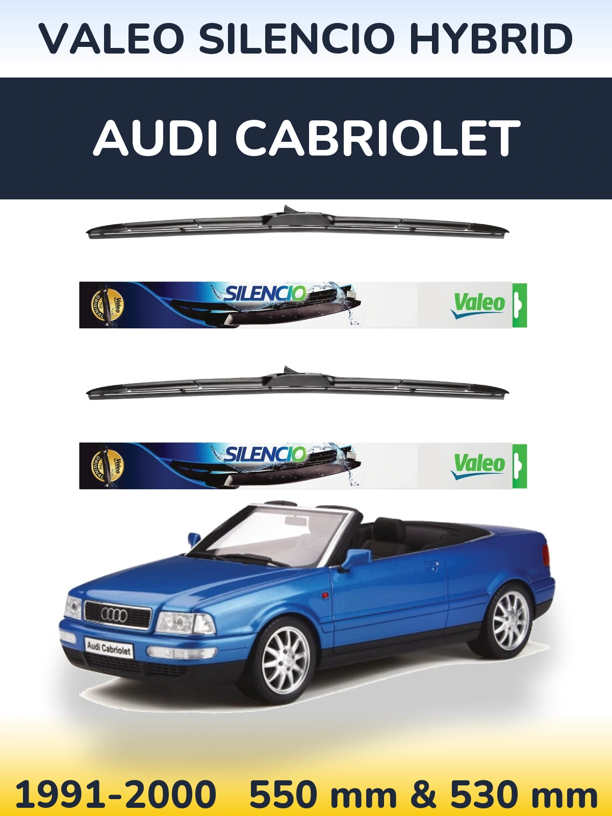 Front wiper blade set Valeo Silencio Hybrid 550 & 530 mm for Audi Cabriolet 1991-2000