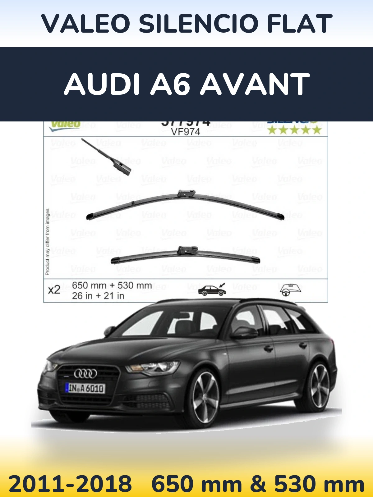 Front wiper blade set Valeo Silencio Flat 650 & 530 mm for Audi A6 Avant 2011-2018