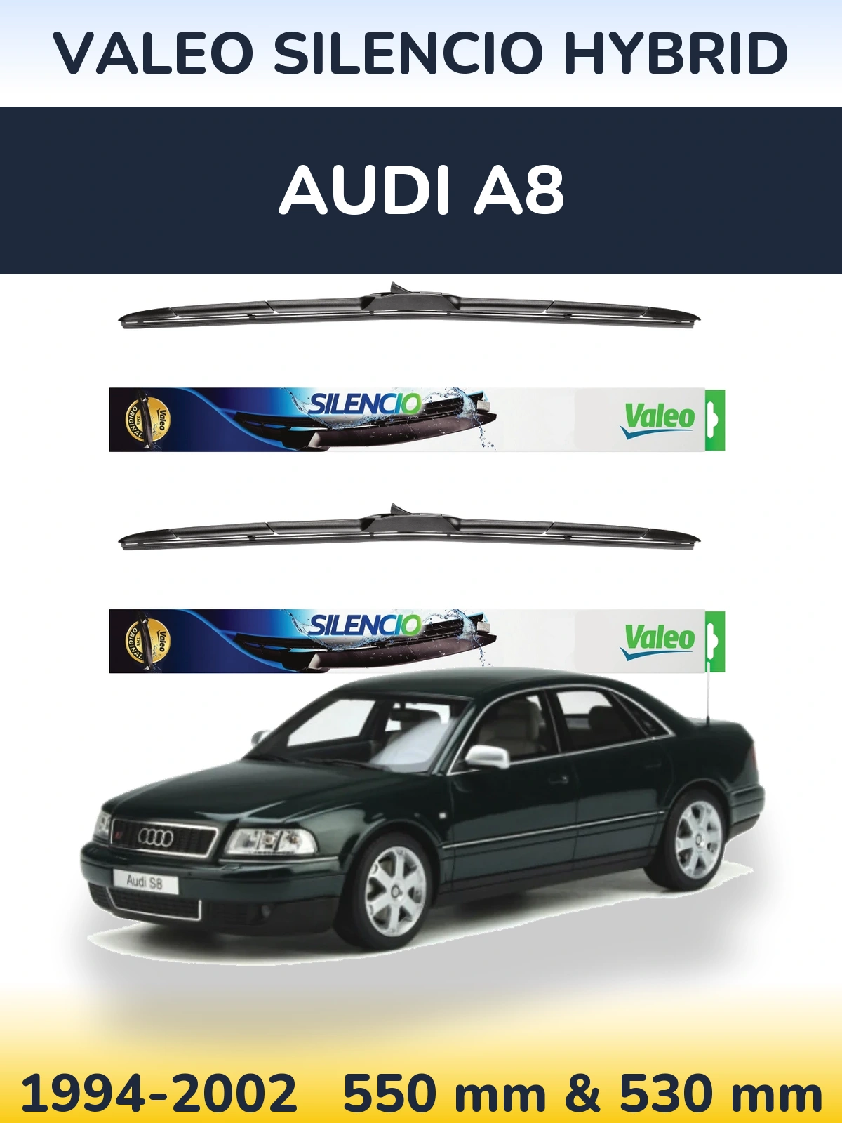Front wiper blade set Valeo Silencio Hybrid 550 & 530 mm for Audi A8 1994-2002