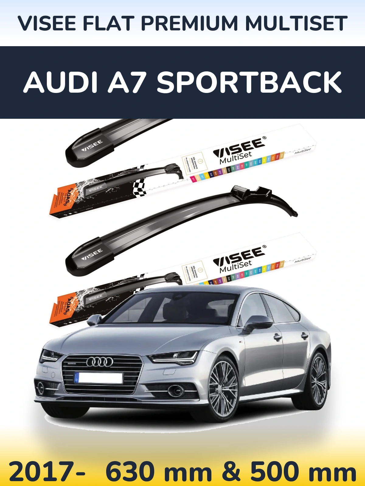 Комплект передніх щіток VISEE FLAT PREMIUM MultiSet 630 & 500 мм для Audi A7 Sportback 2017-2026