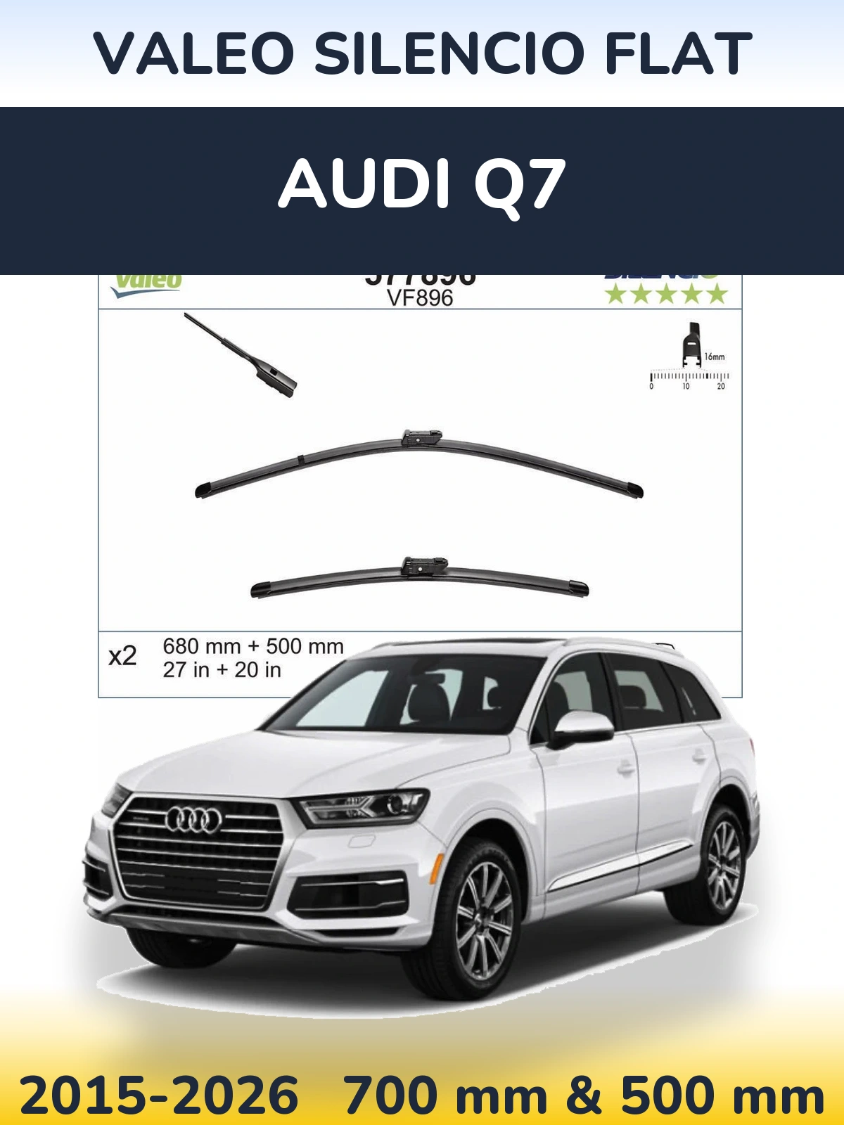 Front wiper blade set Valeo Silencio Flat 680 & 500 mm for Audi Q7 2015-2026