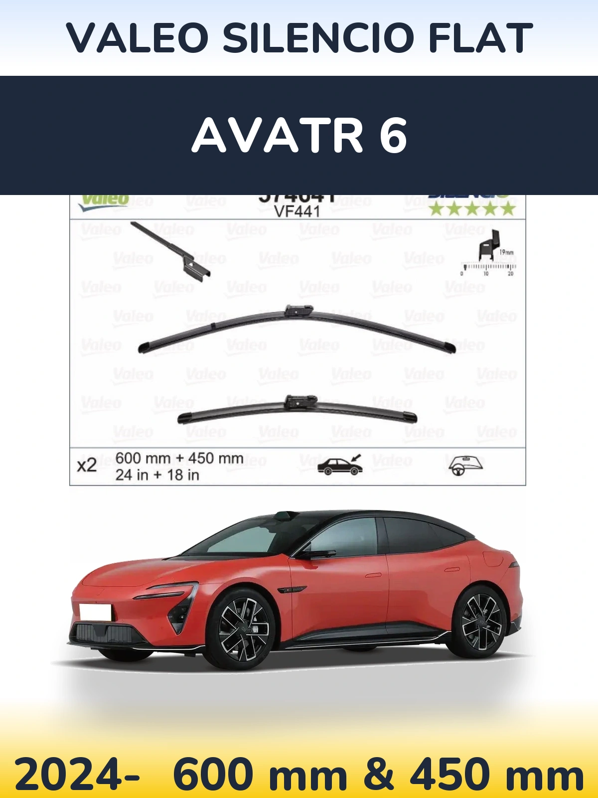 Front wiper blade set Valeo Silencio Flat 600 & 450 mm for Avatr 6 2024-2026