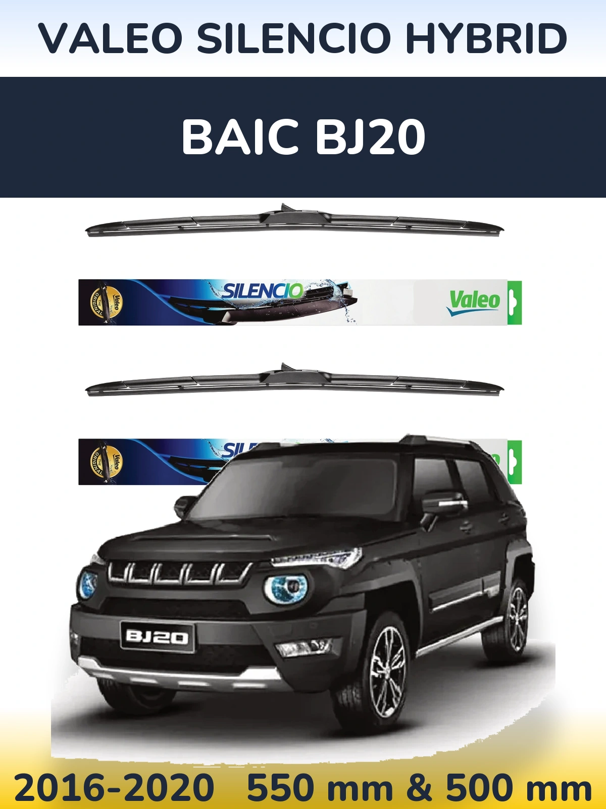 Front wiper blade set Valeo Silencio Hybrid 550 & 500 mm for BAIC BJ20 2016-2020