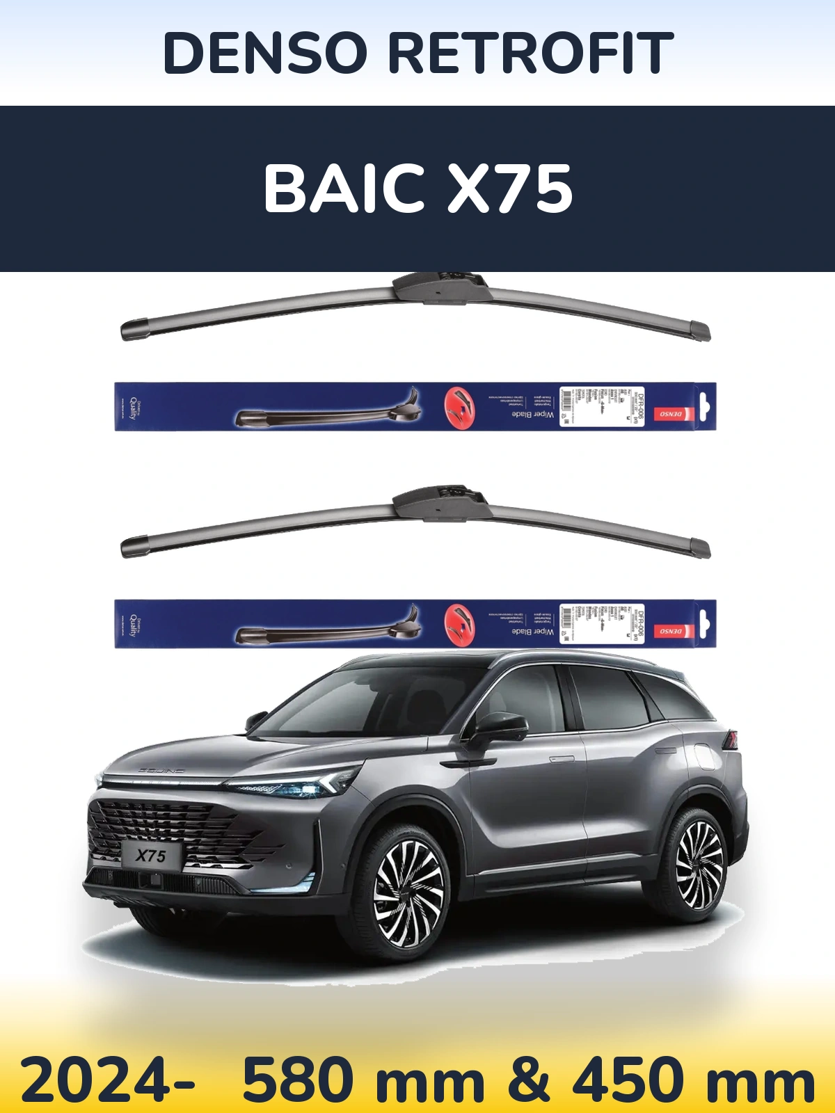 Front wiper blade set Denso Retrofit 580 & 450 mm for BAIC X75 2024-2026