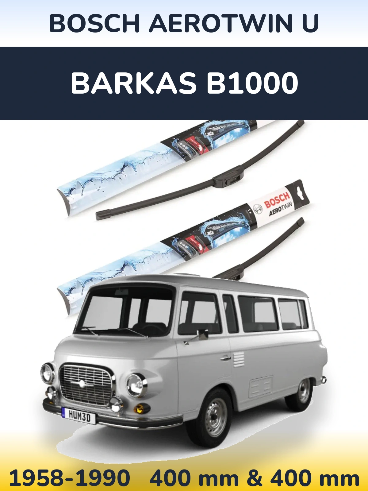 Front wiper blade set BOSCH AeroTwin U 400 & 400 mm for Barkas B1000 1958-1990