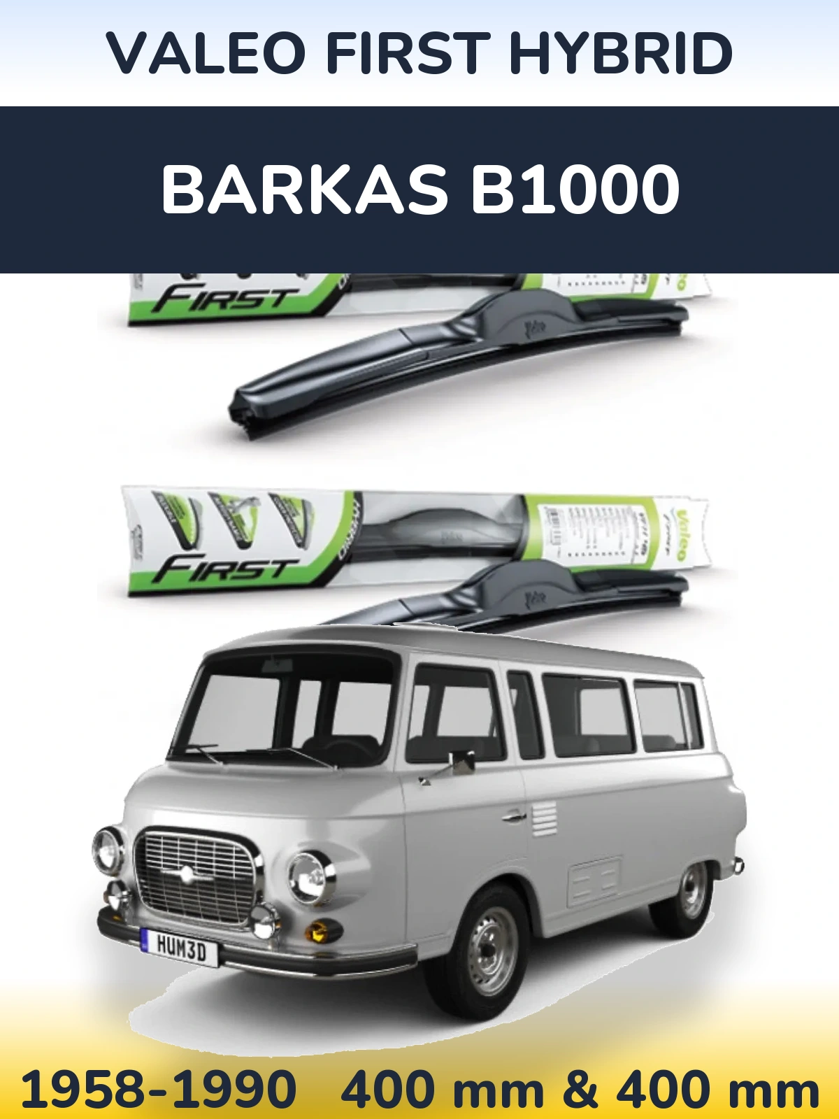 Front wiper blade set Valeo First Hybrid 400 & 400 mm for Barkas B1000 1958-1990