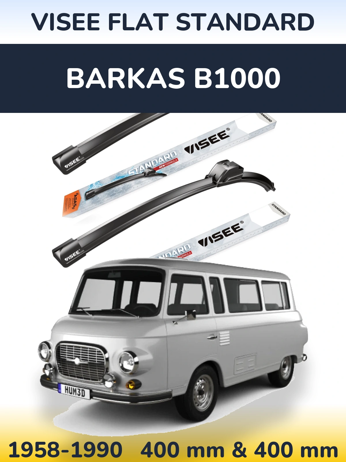 Front wiper blade set VISEE FLAT STANDARD 400 & 400 mm for Barkas B1000 1958-1990