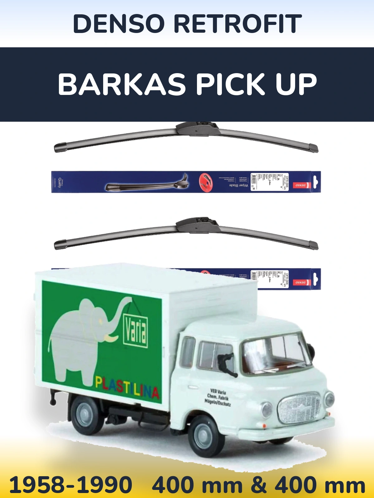 Front wiper blade set Denso Retrofit 400 & 400 mm for Barkas Pick Up 1958-1990