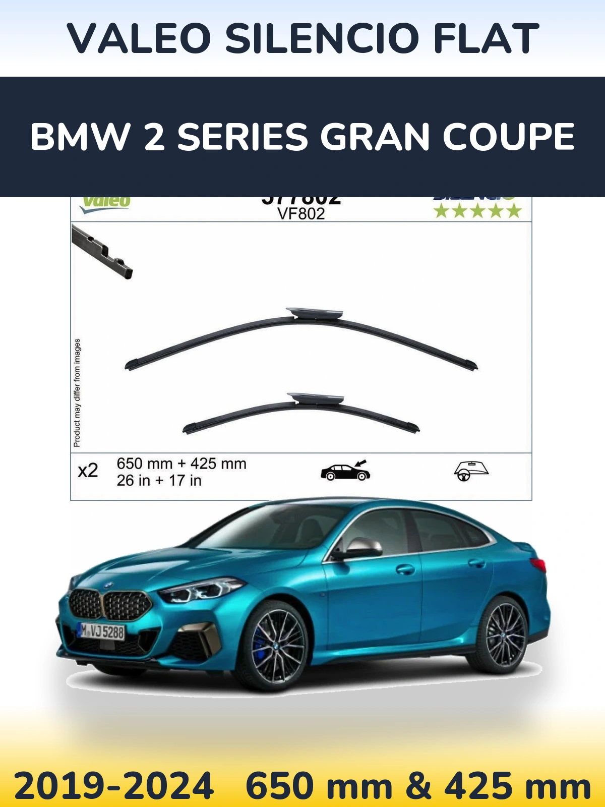 Front wiper blade set Valeo Silencio Flat 650 & 425 mm for BMW 2 Series Gran Coupe 2019-2024