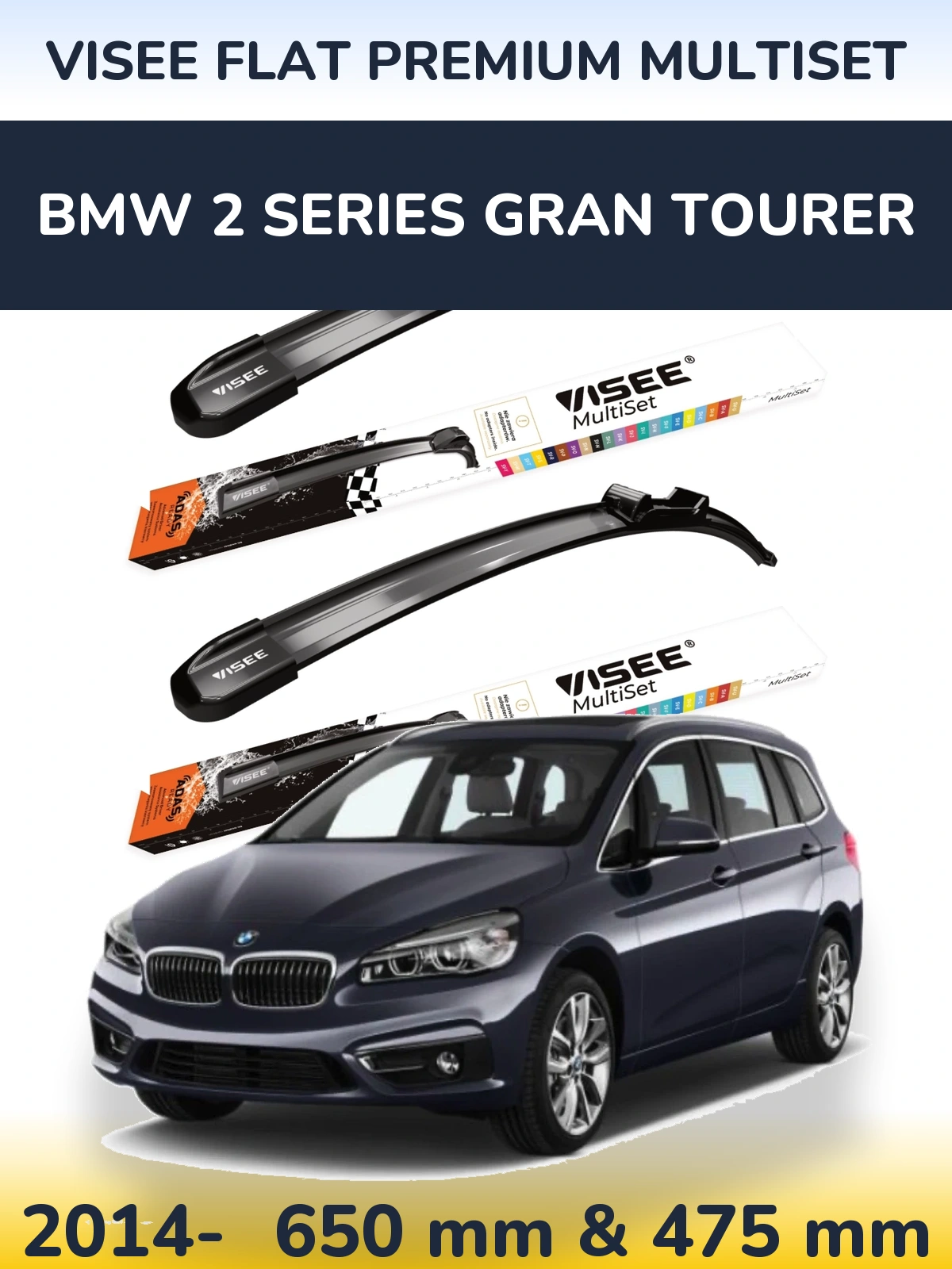 Front wiper blade set VISEE FLAT PREMIUM MultiSet 650 & 475 mm for BMW 2 Series Gran Tourer 2014-2026