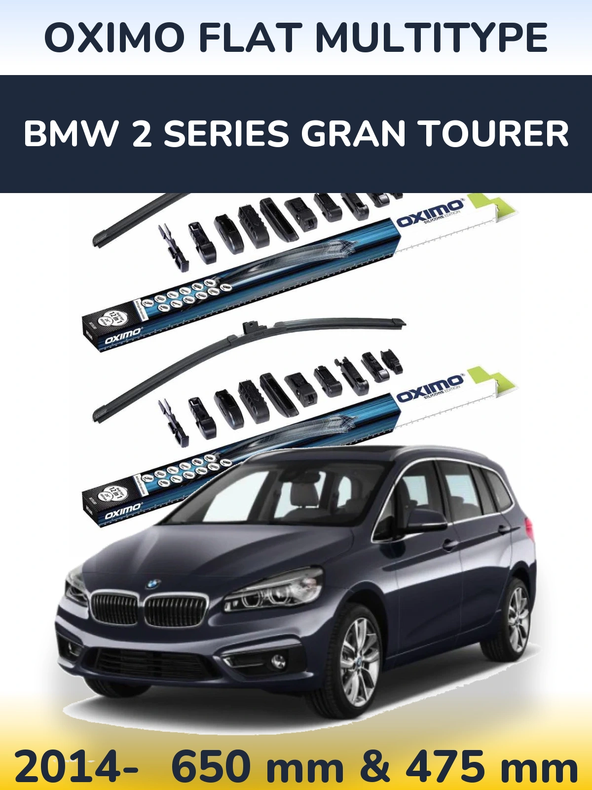 Комплект передних дворников Oximo Flat MultiТипe 650 & 475 мм для BMW 2 Series Gran Tourer 2014-2026