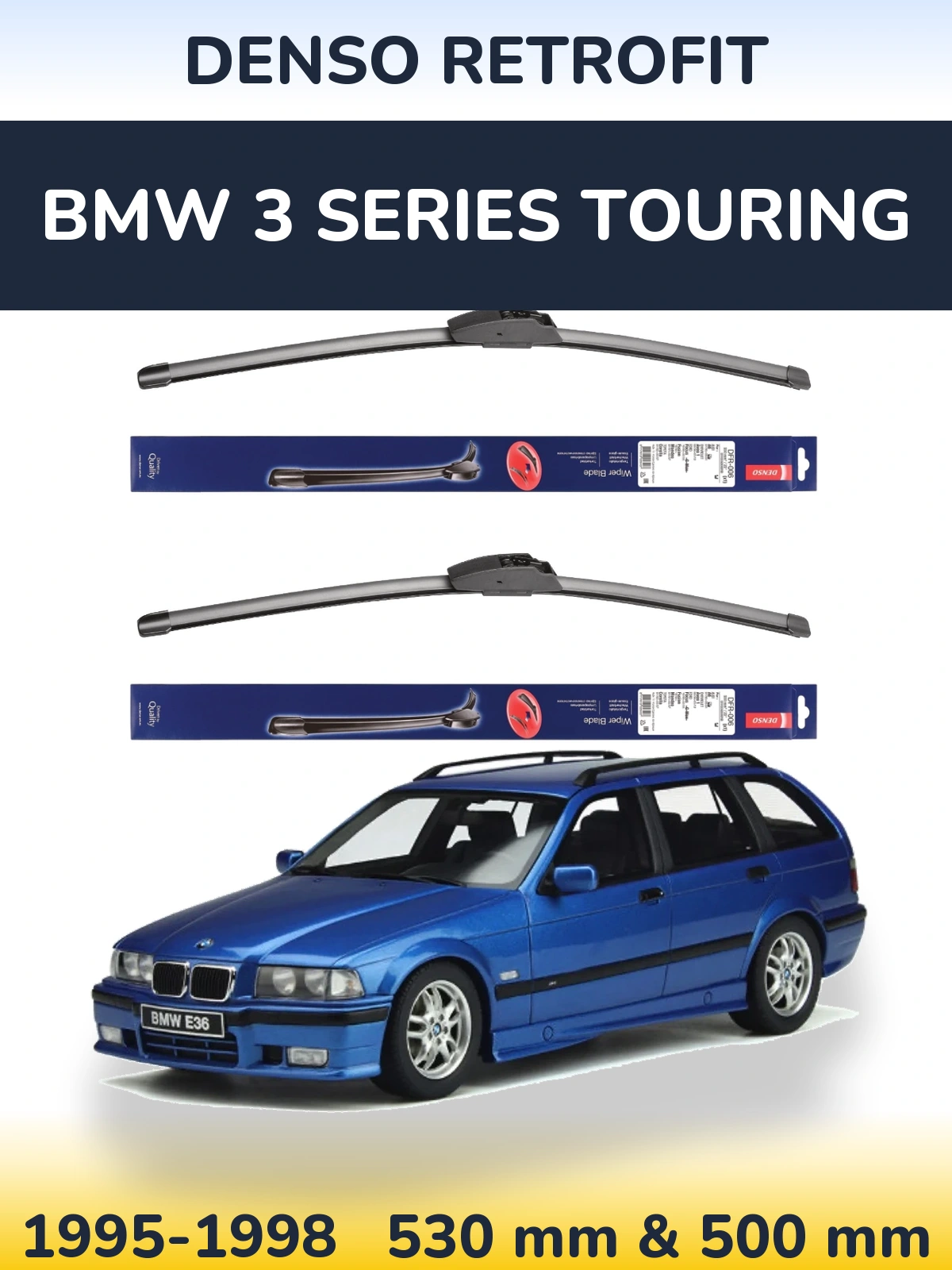 Front wiper blade set Denso Retrofit 530 & 500 mm for BMW 3 Series Touring 1995-1998