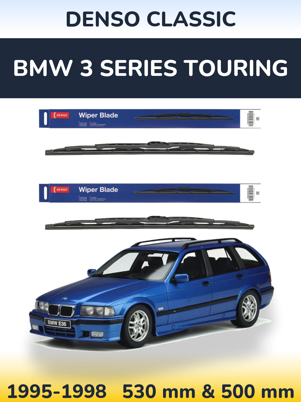 Front wiper blade set Denso Classic 530 & 500 mm for BMW 3 Series Touring 1995-1998