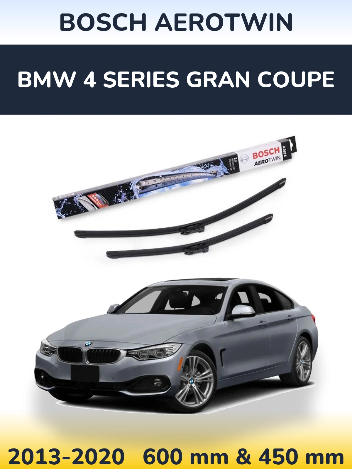 Front wiper blade set BOSCH AeroTwin 600 & 450 mm for BMW 4 Series Gran Coupe 2013-2020
